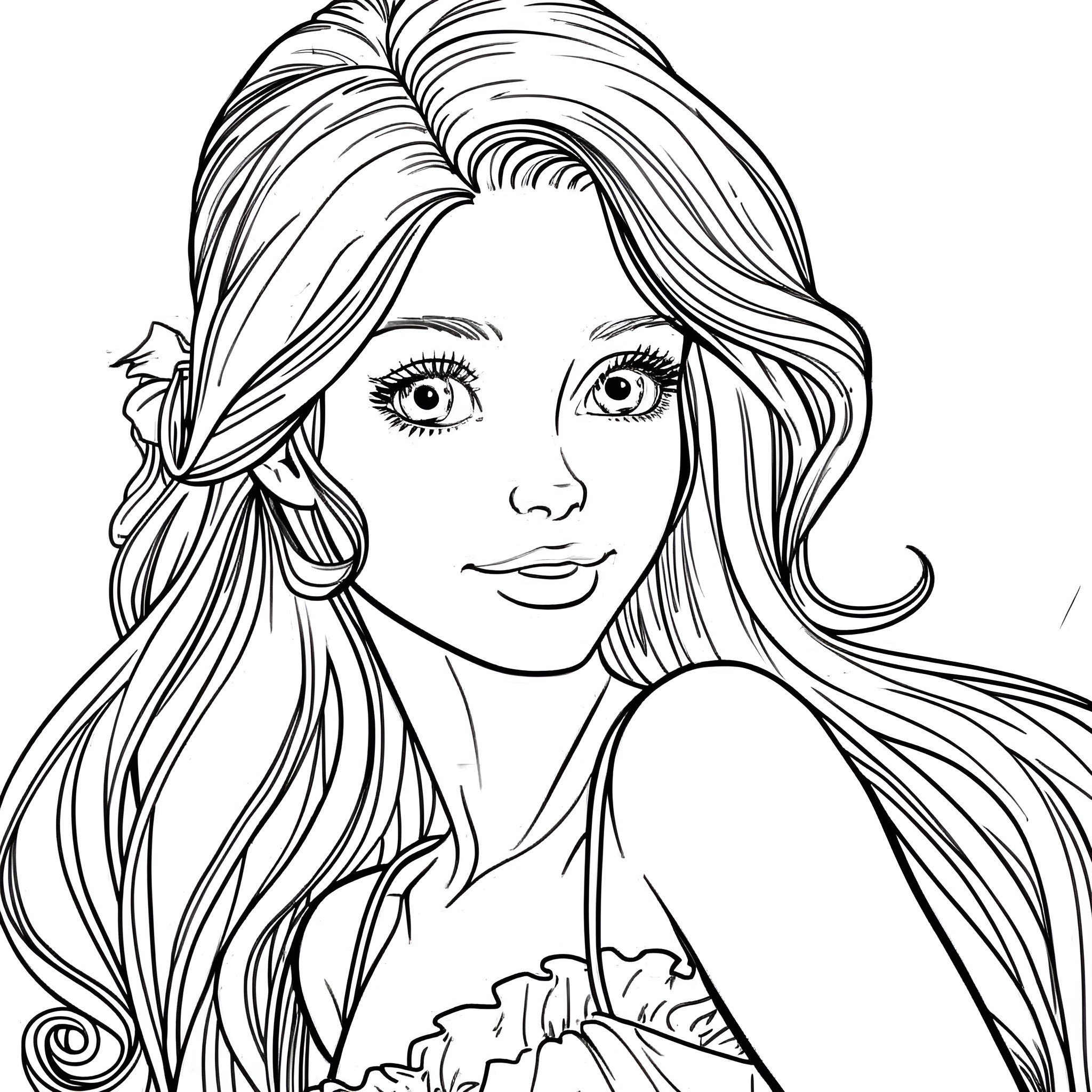 Barbie portrait with flowing hair Coloring Page (free black-and-white line drawing printable PDF for all, from beginners to advanced learners, including children, teens, adults, and seniors)
