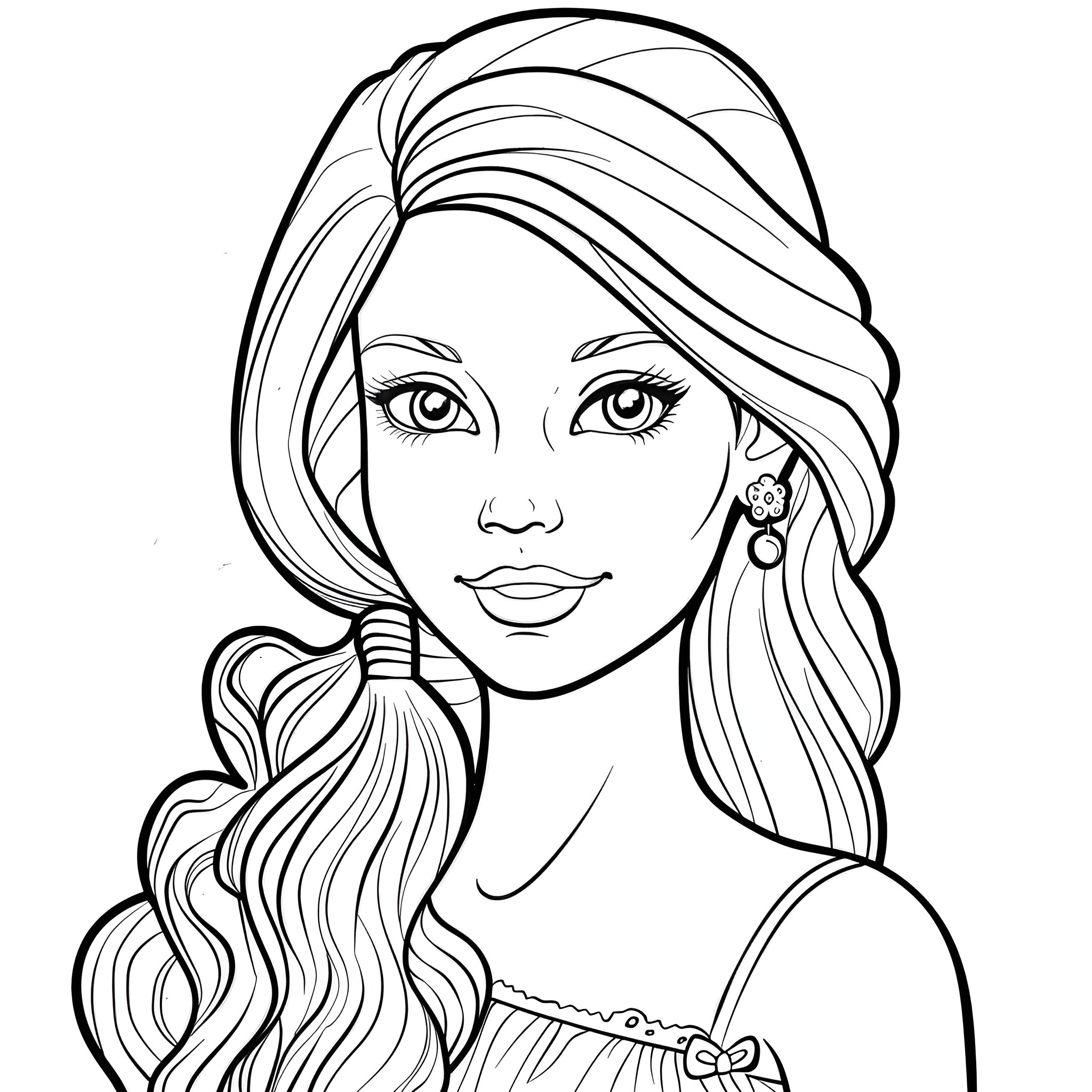 Barbie posing with flowing hairstyle Coloring Page (free black-and-white line drawing printable PDF for all, from beginners to advanced learners, including children, teens, adults, and seniors)