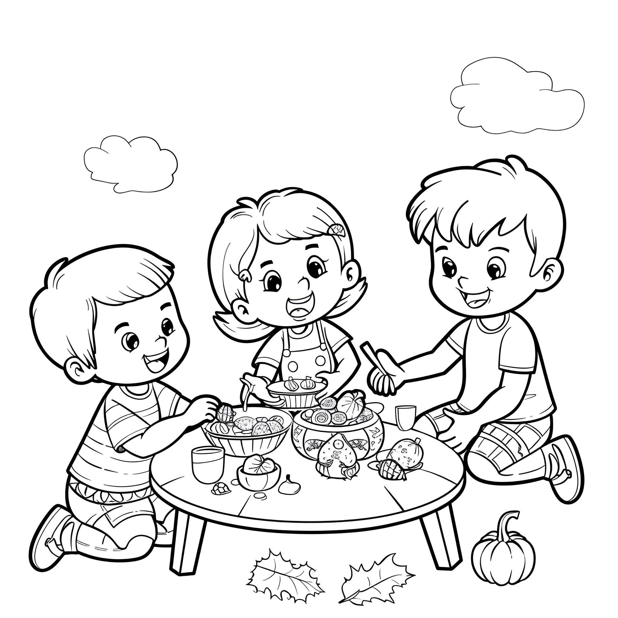 Thanksgiving family gathering and feast Coloring Page (free black-and-white line drawing printable PDF for all, from beginners to advanced learners, including children, teens, adults, and seniors)