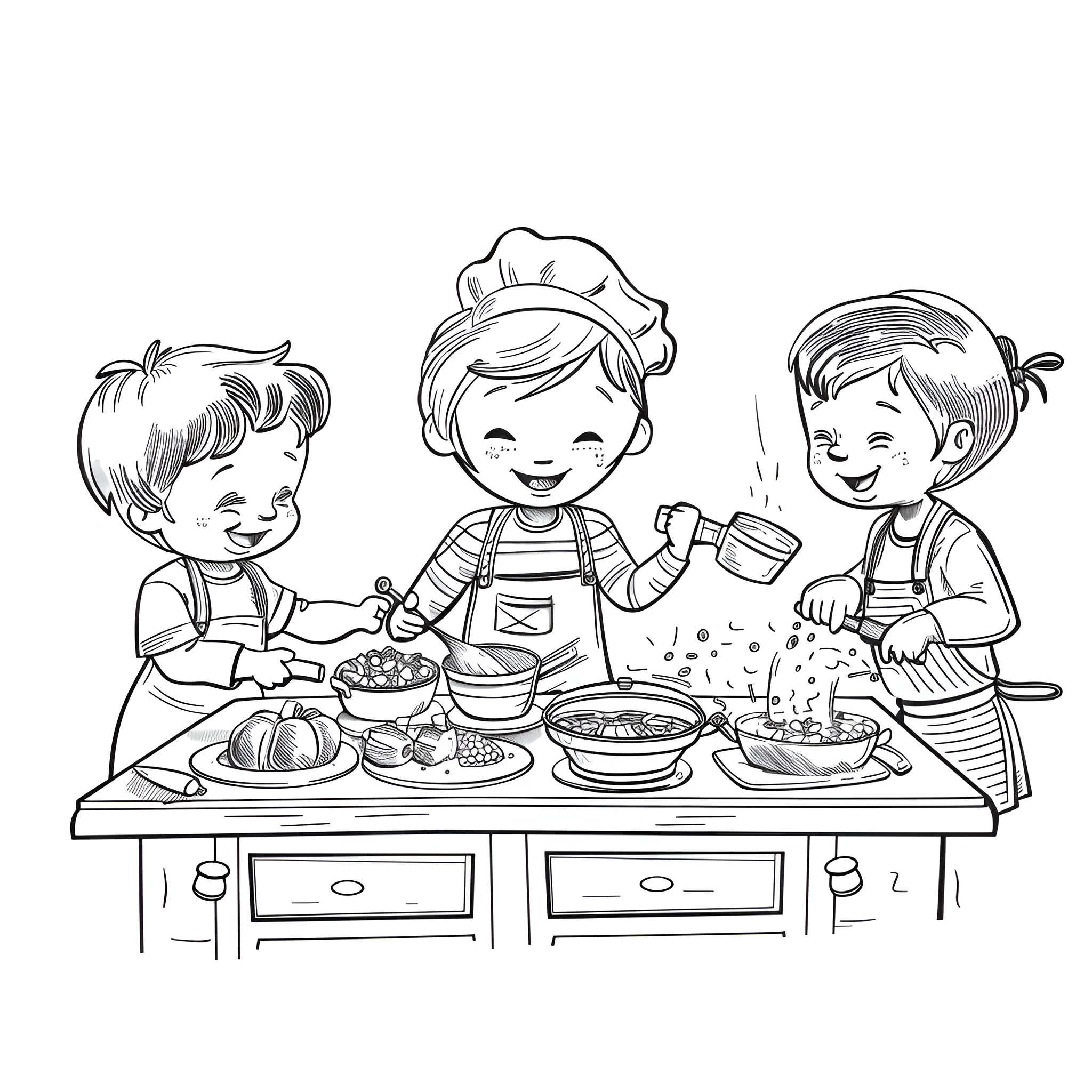 Thanksgiving family preparing festive meal Coloring Page (free black-and-white line drawing printable PDF for all, from beginners to advanced learners, including children, teens, adults, and seniors)