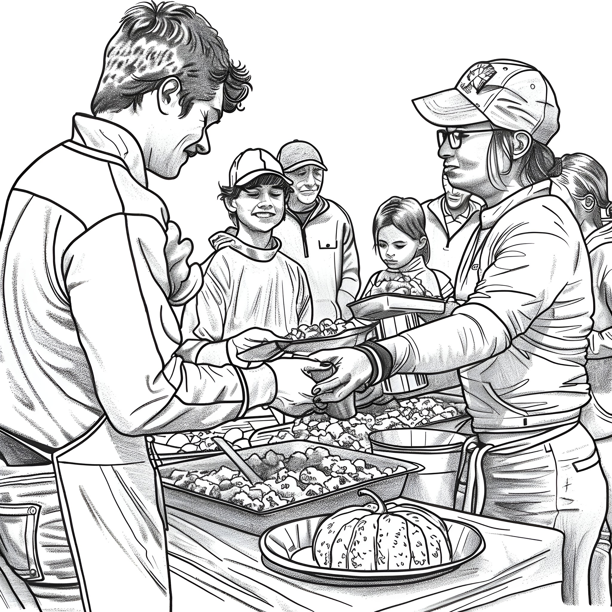 Thanksgiving Family Gathering and Food Preparation Coloring Page (free black-and-white line drawing printable PDF for all, from beginners to advanced learners, including children, teens, adults, and seniors)