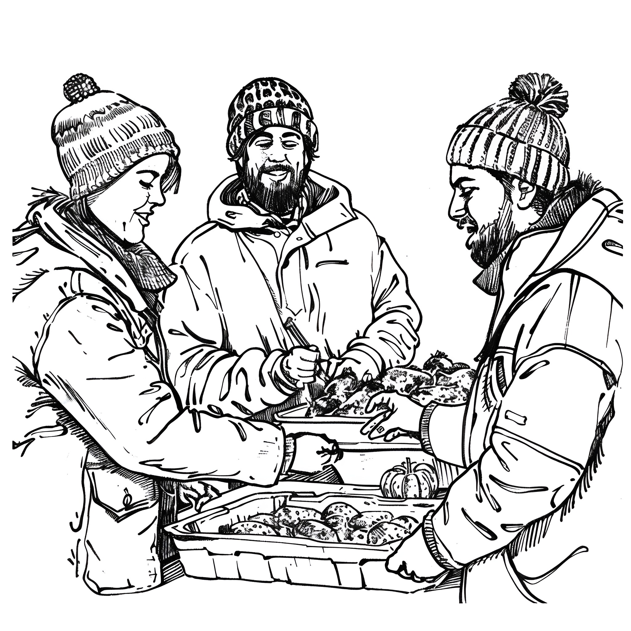 Thanksgiving Gathering of Friends Enjoying a Meal Coloring Page (free black-and-white line drawing printable PDF for all, from beginners to advanced learners, including children, teens, adults, and seniors)
