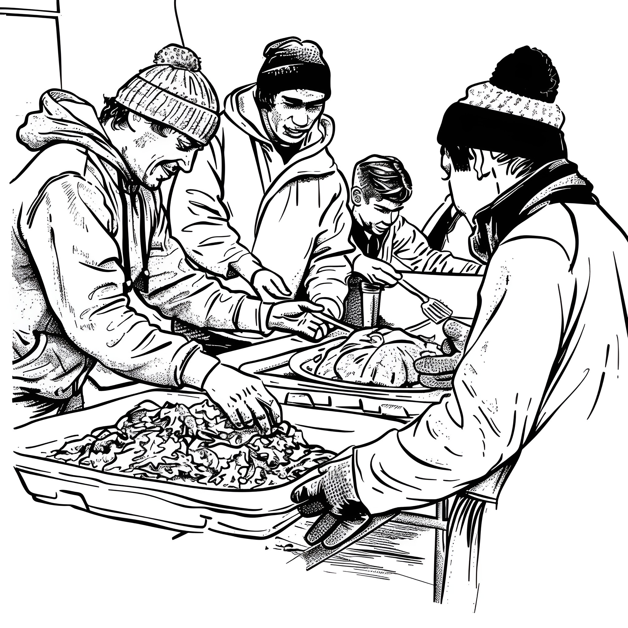 Thanksgiving Gathering with Warm Meals Coloring Page (free black-and-white line drawing printable PDF for all, from beginners to advanced learners, including children, teens, adults, and seniors)