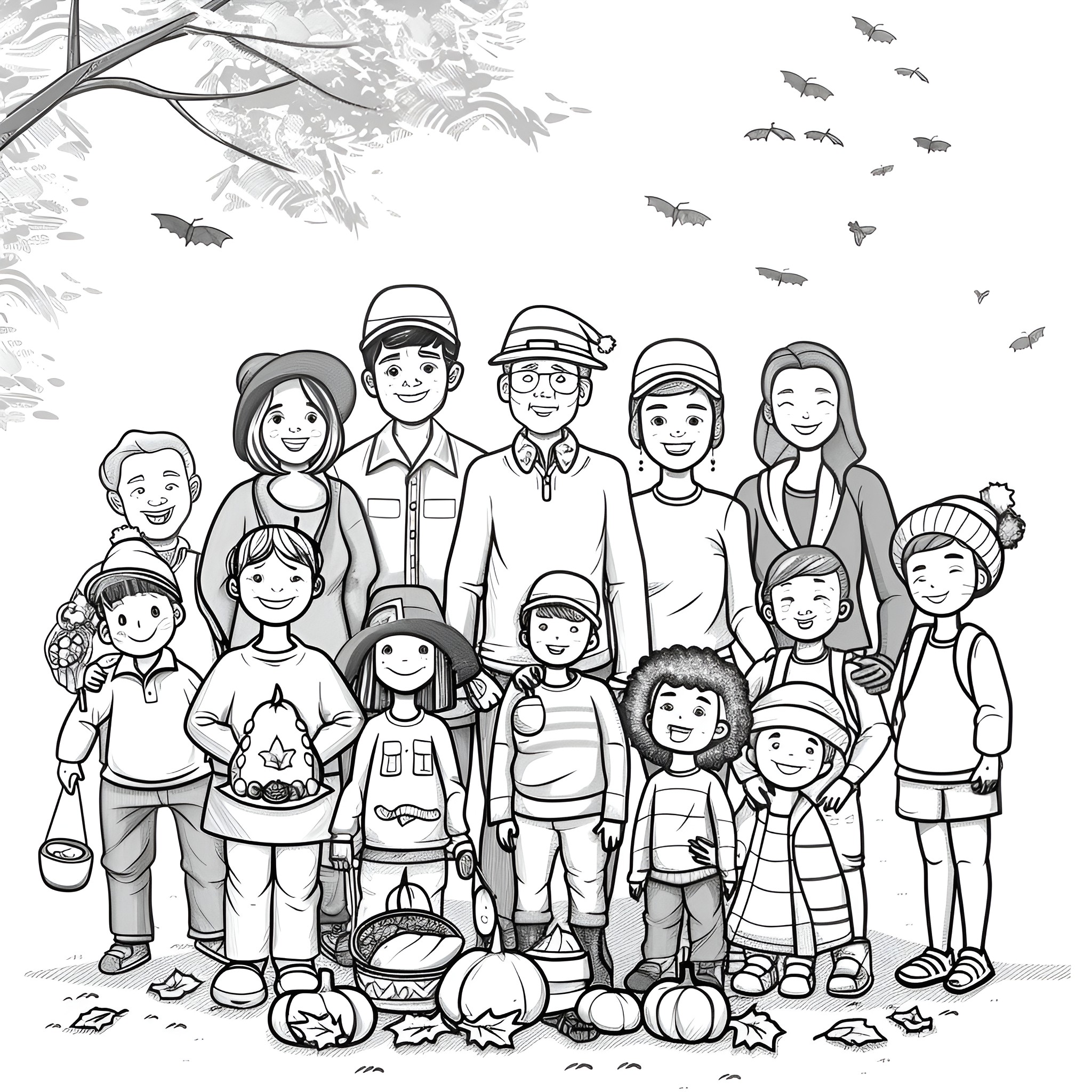 Thanksgiving family gathering with diverse people Coloring Page (free black-and-white line drawing printable PDF for all, from beginners to advanced learners, including children, teens, adults, and seniors)