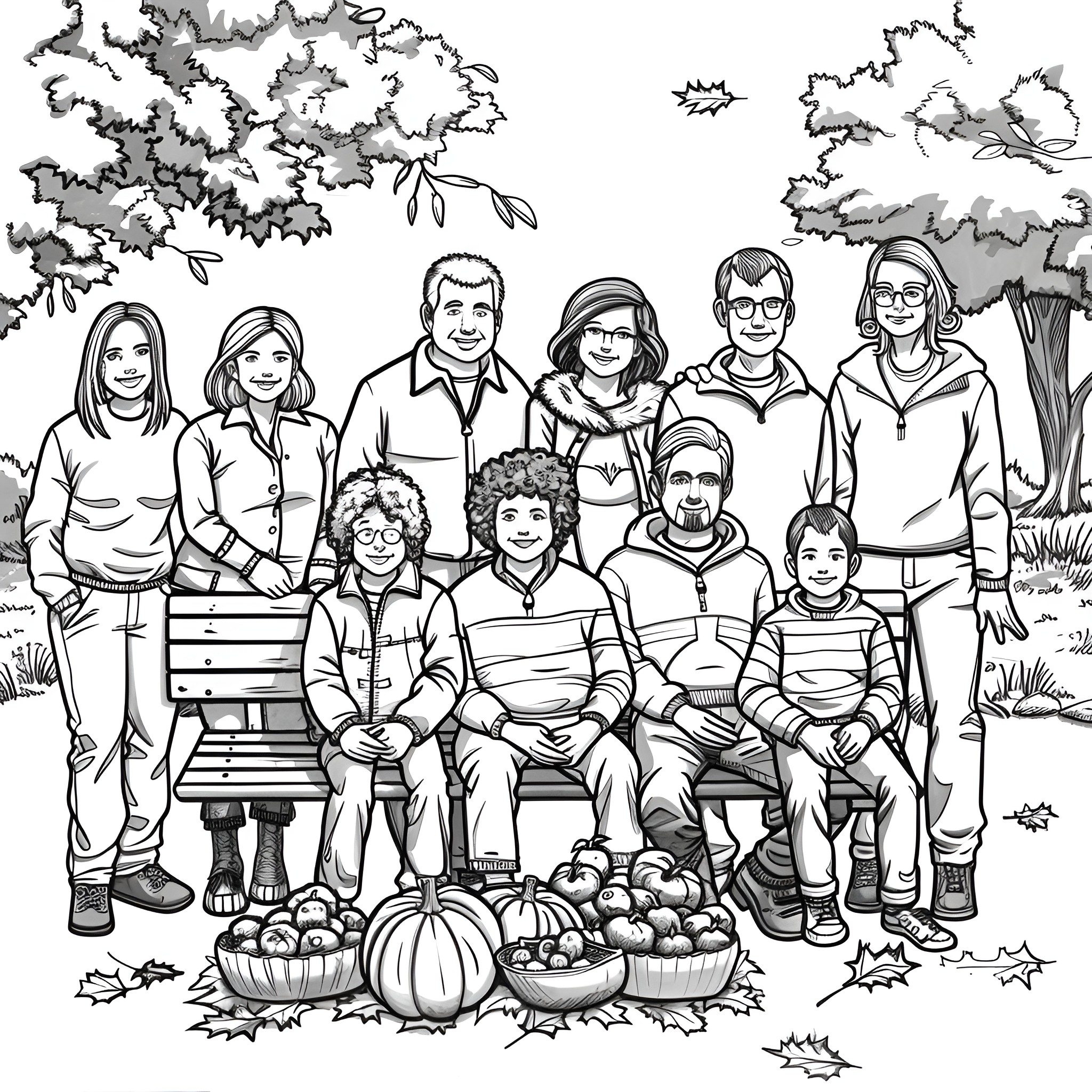 Thanksgiving family gathering in the park Coloring Page (free black-and-white line drawing printable PDF for all, from beginners to advanced learners, including children, teens, adults, and seniors)
