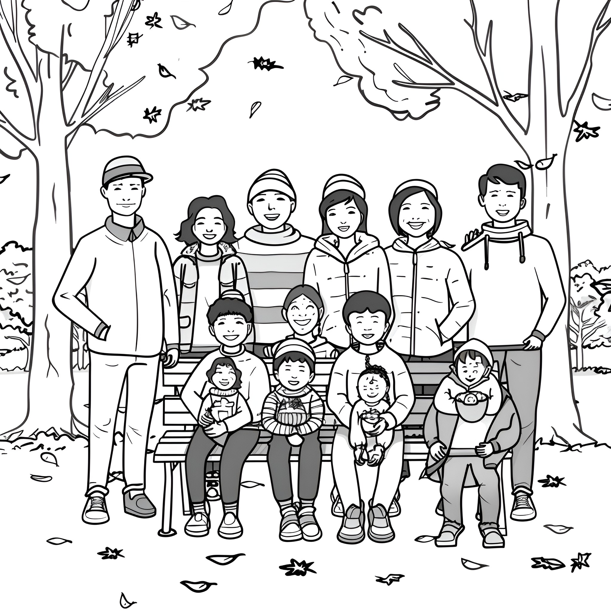 Thanksgiving family gathering in autumn nature Coloring Page (free black-and-white line drawing printable PDF for all, from beginners to advanced learners, including children, teens, adults, and seniors)