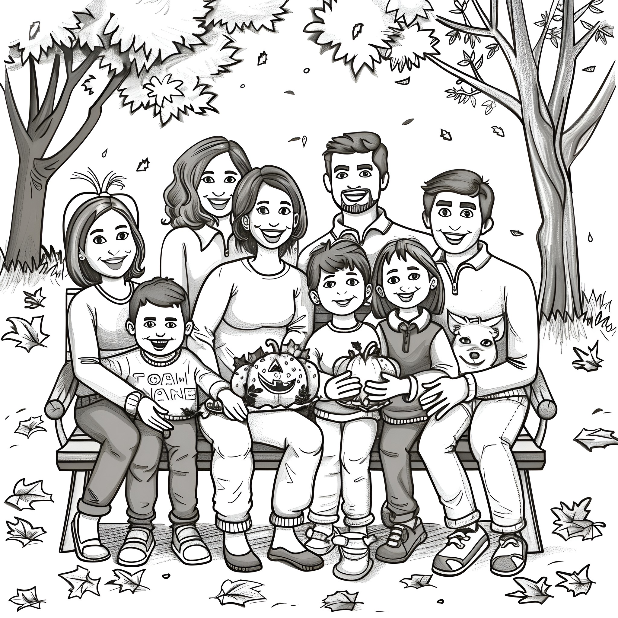Thanksgiving family portrait in the park Coloring Page (free black-and-white line drawing printable PDF for all, from beginners to advanced learners, including children, teens, adults, and seniors)