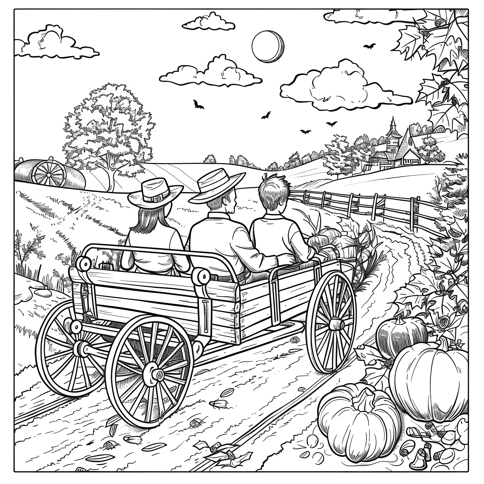 Thanksgiving Family Wagon Ride Through Autumn Landscape Coloring Page (free black-and-white line drawing printable PDF for all, from beginners to advanced learners, including children, teens, adults, and seniors)