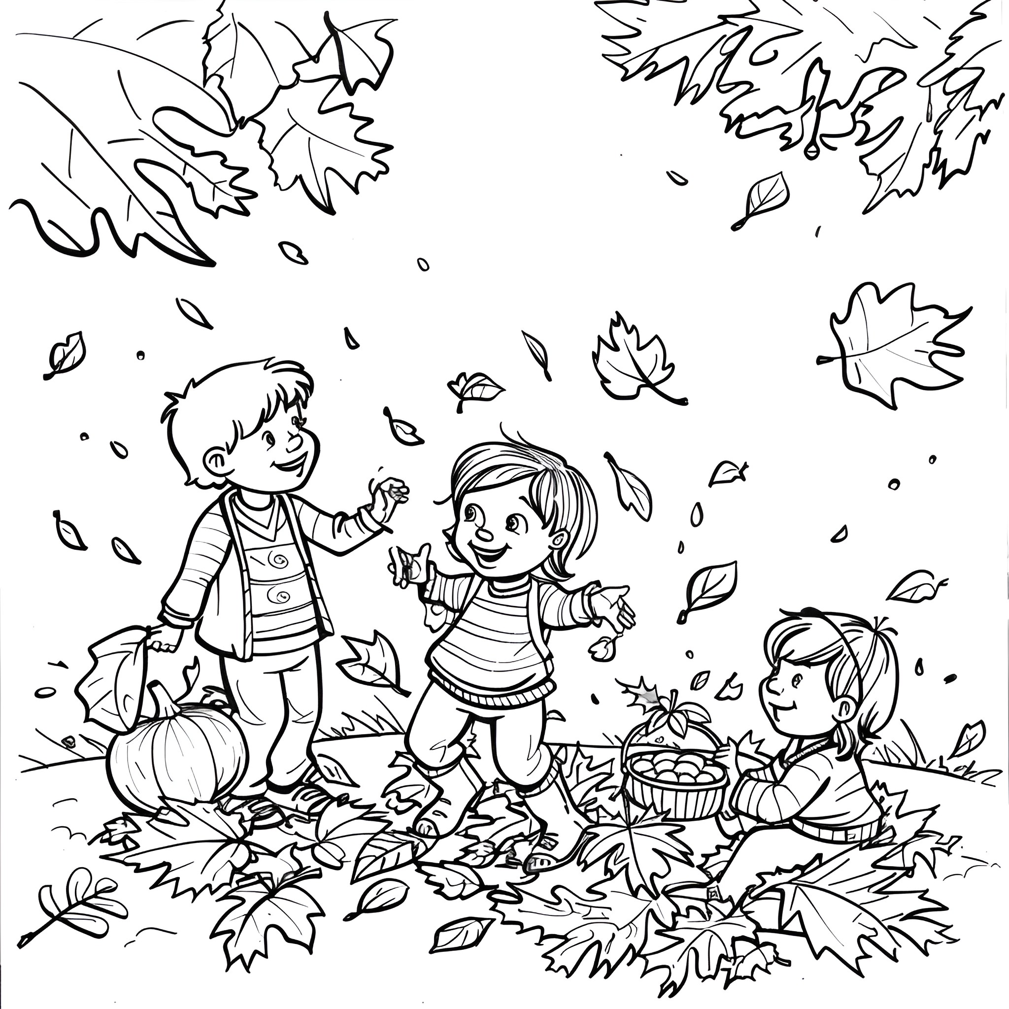 Thanksgiving children playing in falling leaves Coloring Page (free black-and-white line drawing printable PDF for all, from beginners to advanced learners, including children, teens, adults, and seniors)