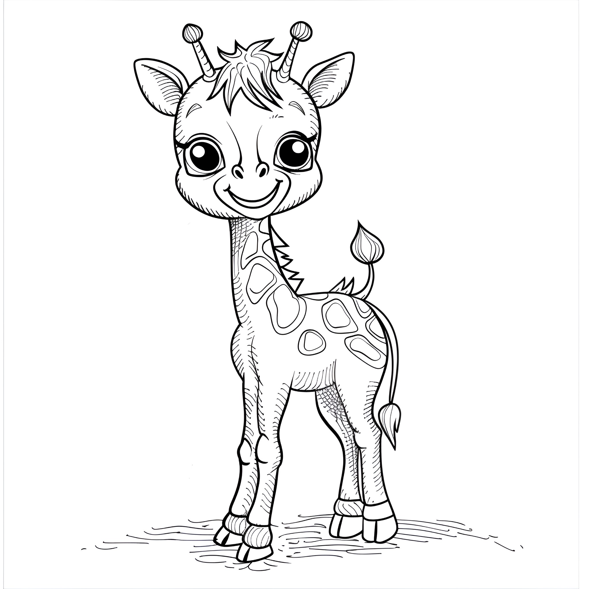 Animal Smiling Giraffe with Crown Coloring Page (free black-and-white line drawing printable PDF for all, from beginners to advanced learners, including children, teens, adults, and seniors)