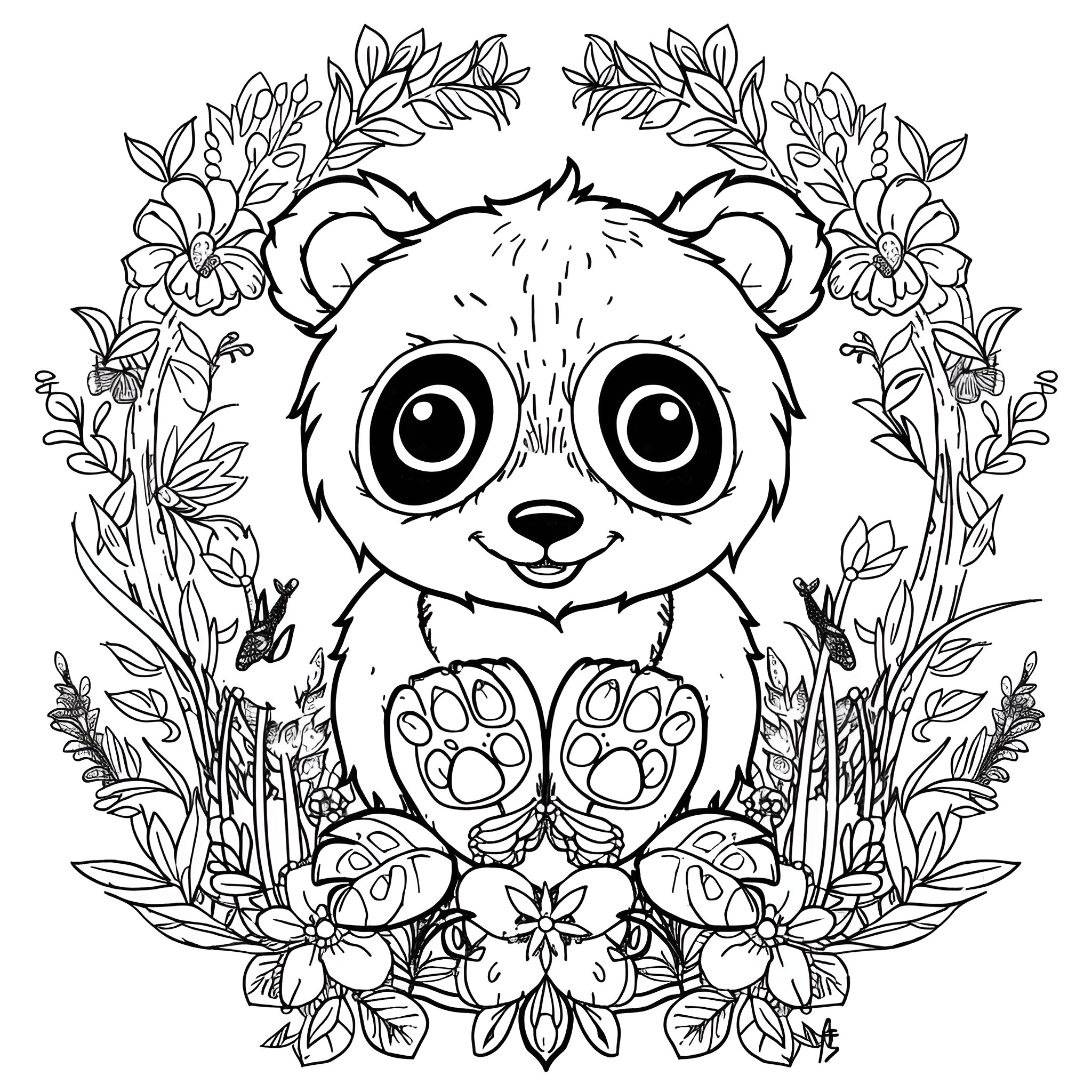 Animal with cute panda expression surrounded by flowers Coloring Page (free black-and-white line drawing printable PDF for all, from beginners to advanced learners, including children, teens, adults, and seniors)