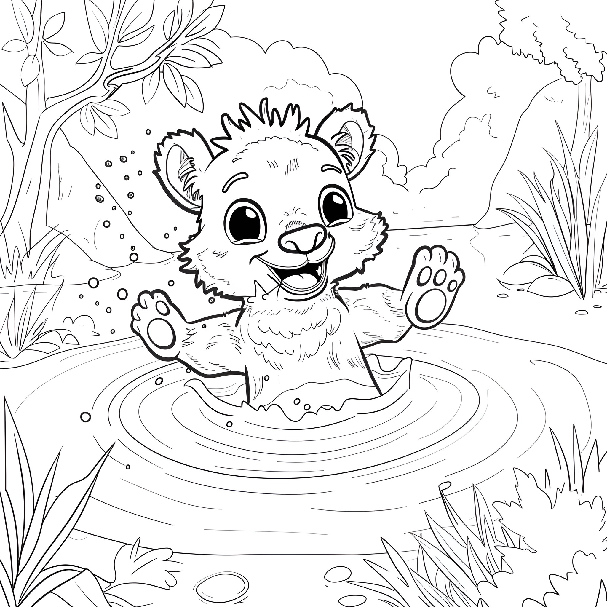 Animal playing joyfully in the water Coloring Page (free black-and-white line drawing printable PDF for all, from beginners to advanced learners, including children, teens, adults, and seniors)