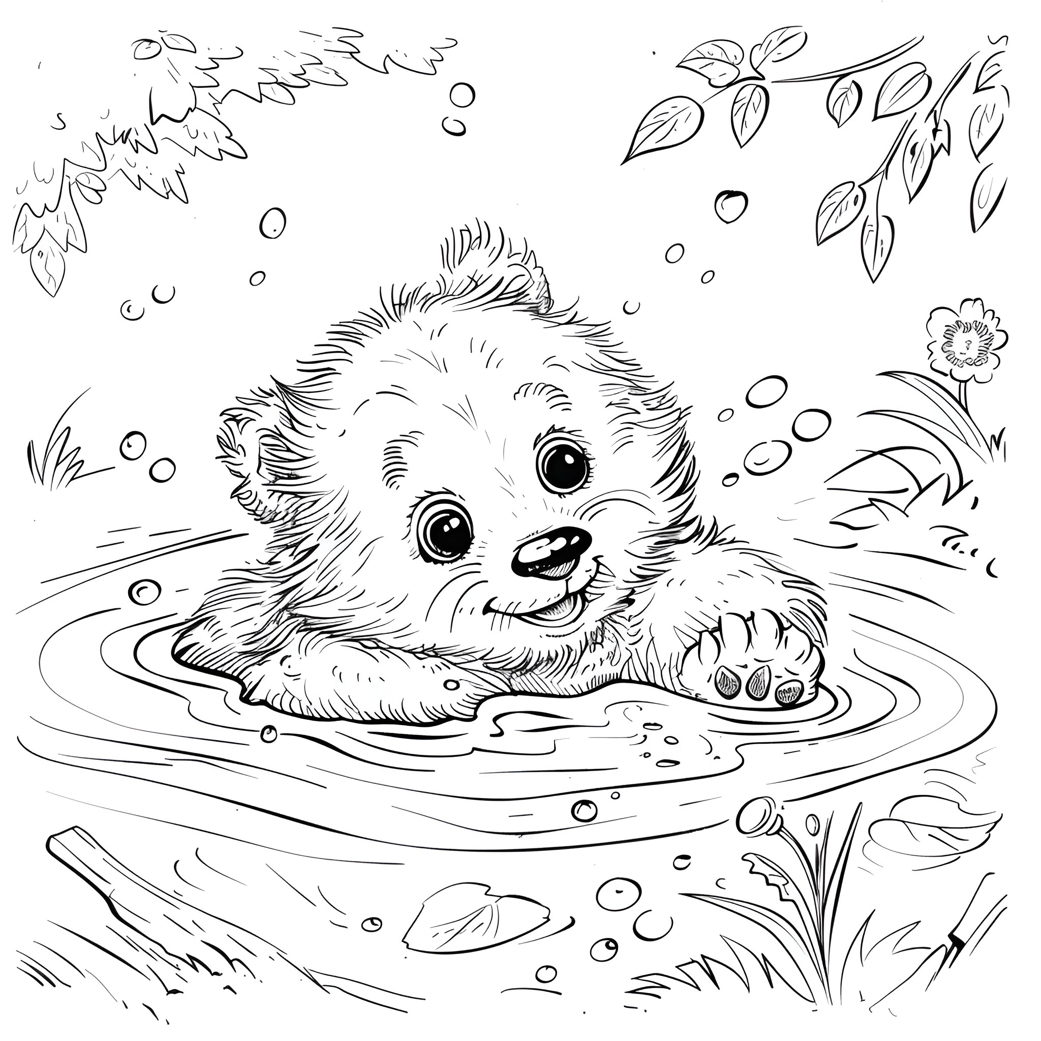 Animal swimming joyfully in nature Coloring Page (free black-and-white line drawing printable PDF for all, from beginners to advanced learners, including children, teens, adults, and seniors)