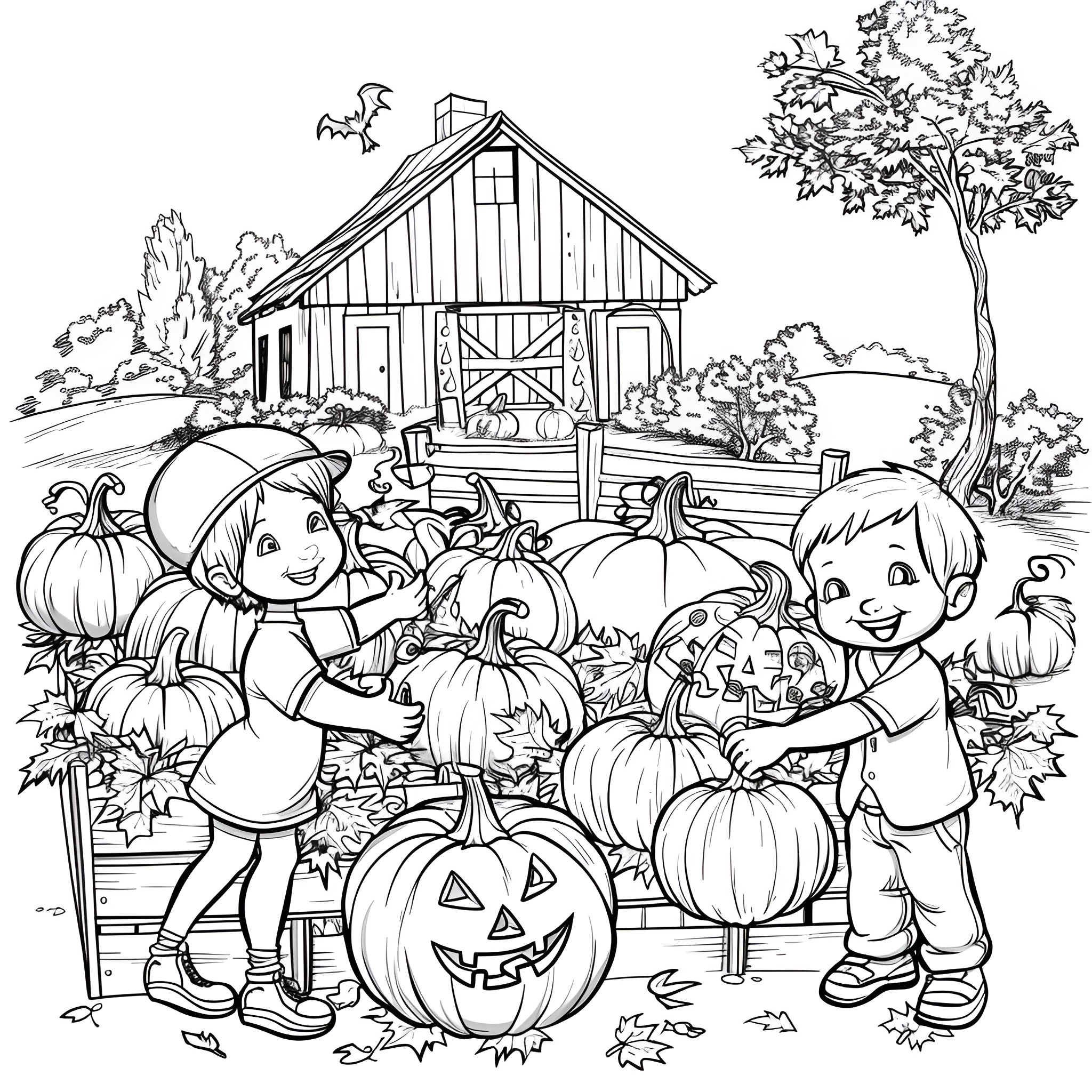 Fall Season Children Collecting Pumpkins by Barn Coloring Page (free black-and-white line drawing printable PDF for all, from beginners to advanced learners, including children, teens, adults, and seniors)