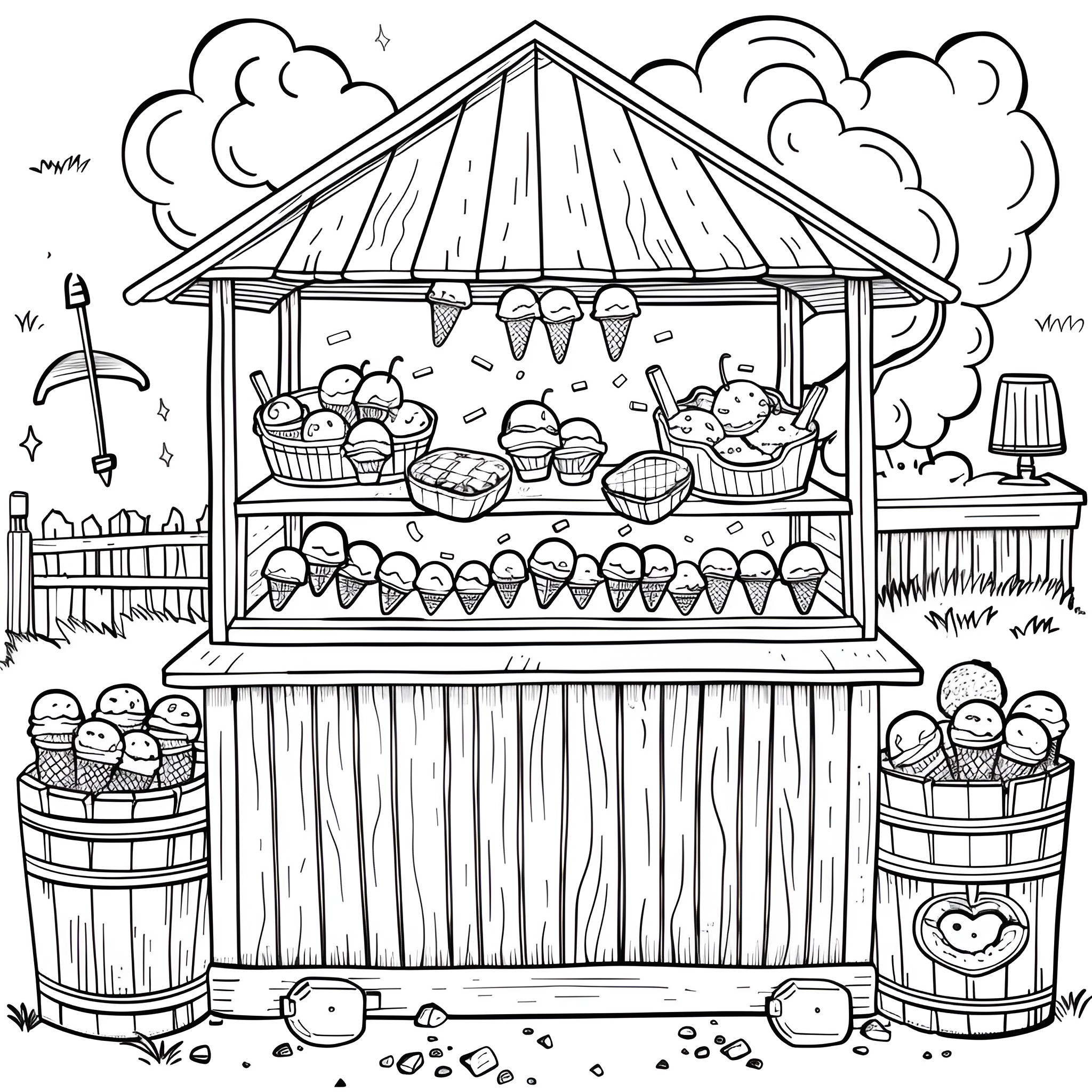 Summer Ice Cream Booth Outdoors Coloring Page (free black-and-white line drawing printable PDF for all, from beginners to advanced learners, including children, teens, adults, and seniors)