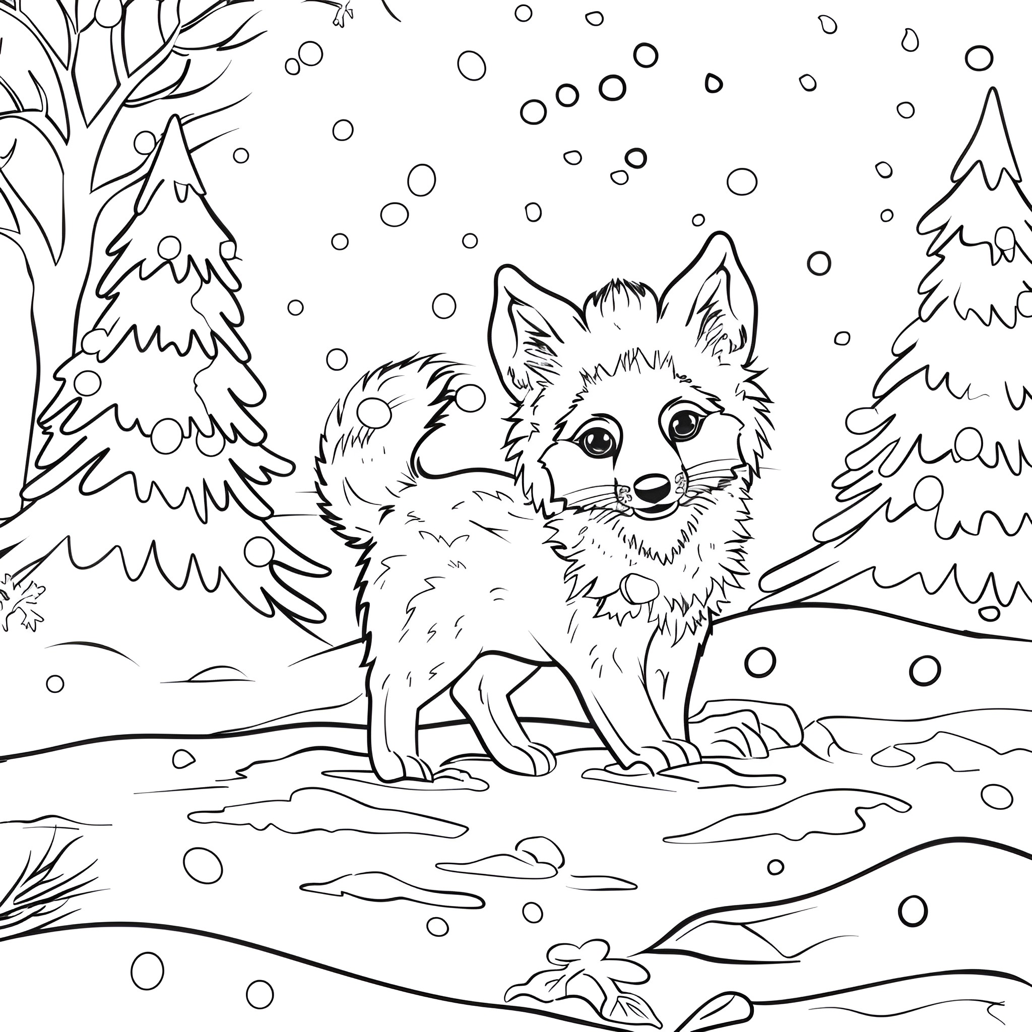 Animal in snowy winter landscape Coloring Page (free black-and-white line drawing printable PDF for all, from beginners to advanced learners, including children, teens, adults, and seniors)