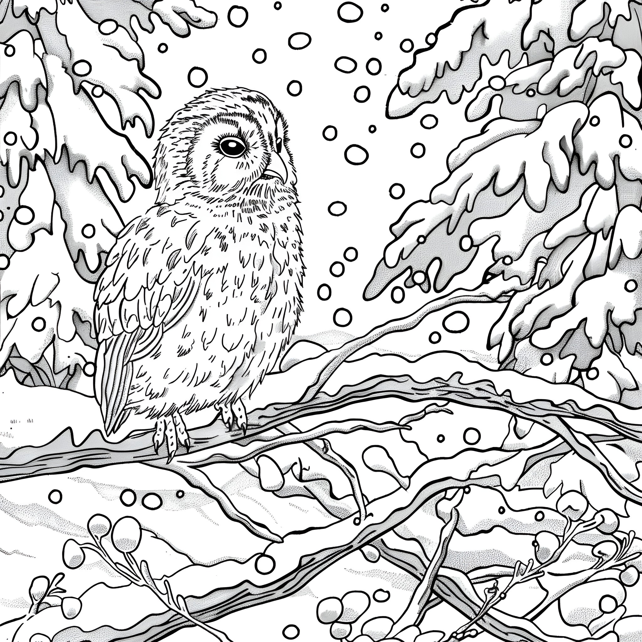 Animal owl perching on snowy branch Coloring Page (free black-and-white line drawing printable PDF for all, from beginners to advanced learners, including children, teens, adults, and seniors)