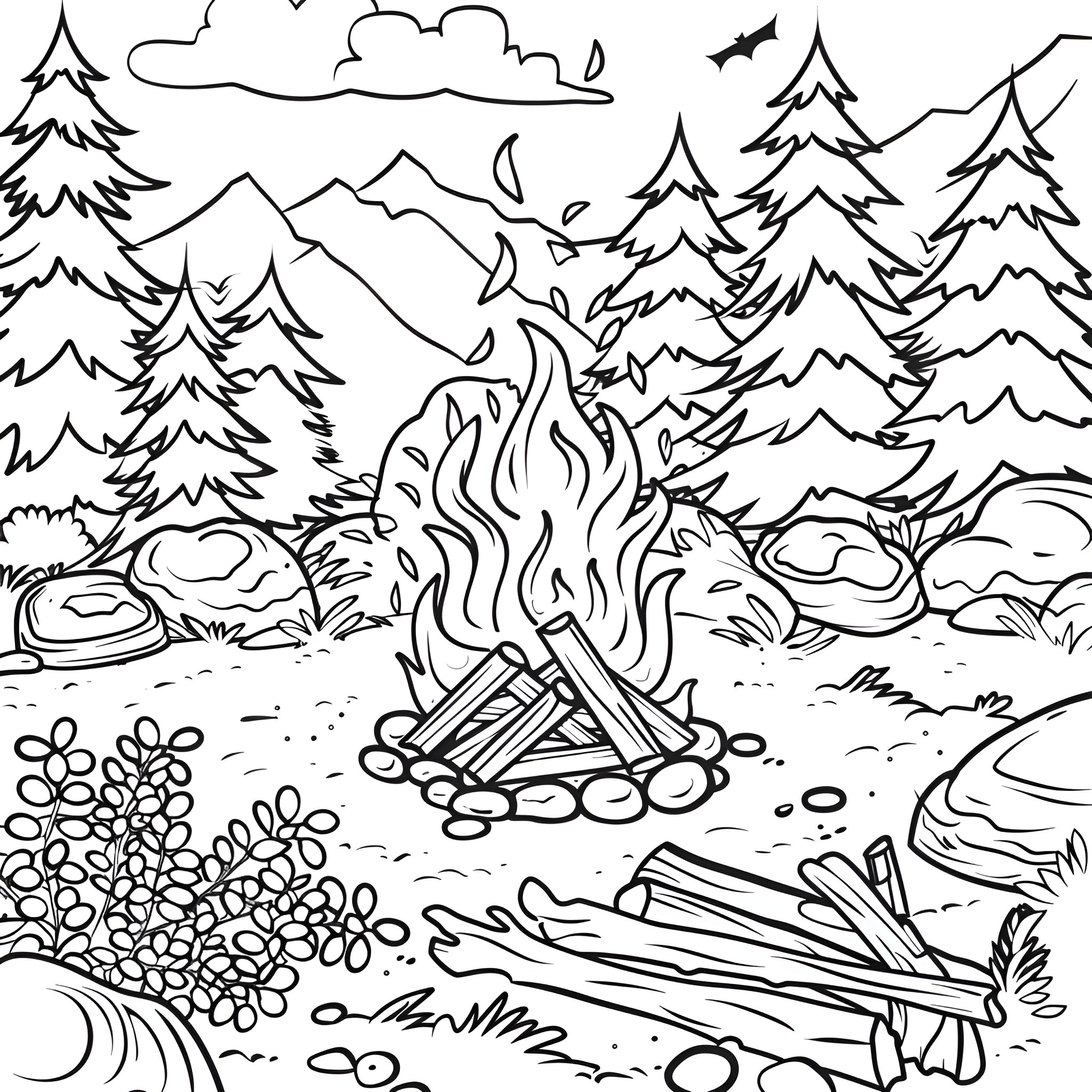 Summer campfire in the mountains Coloring Page (free black-and-white line drawing printable PDF for all, from beginners to advanced learners, including children, teens, adults, and seniors)