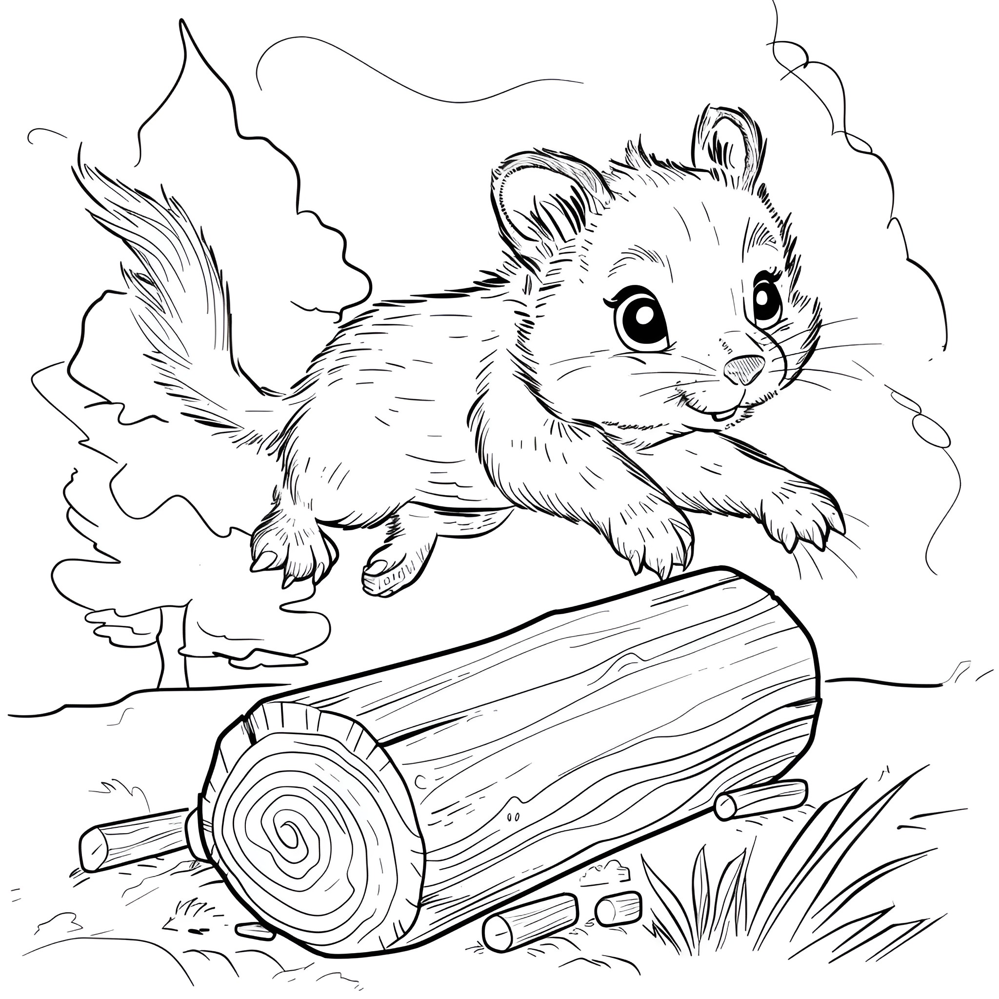 Animal exploring forest scene Coloring Page (free black-and-white line drawing printable PDF for all, from beginners to advanced learners, including children, teens, adults, and seniors)