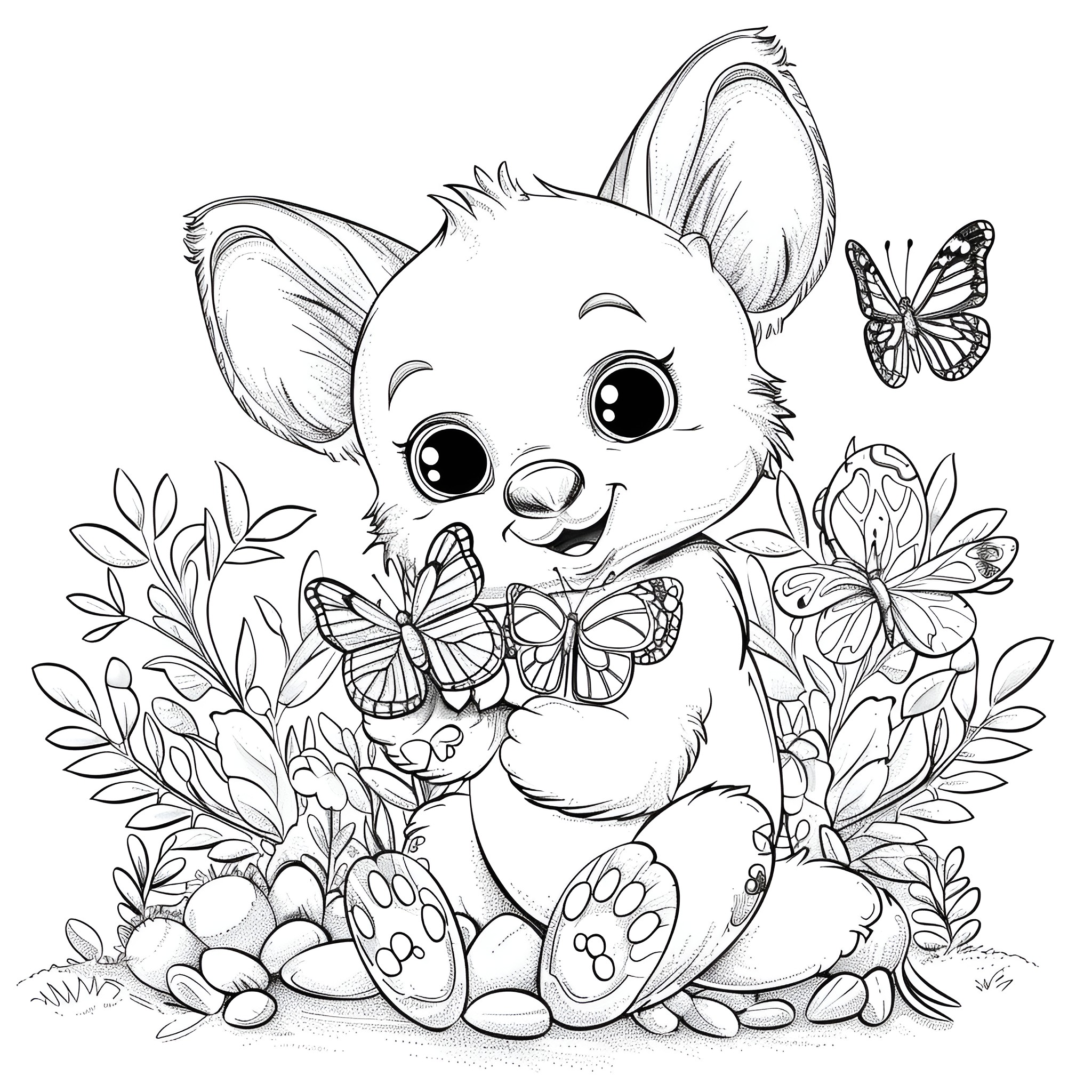 Animal surrounded by butterflies and flowers Coloring Page (free black-and-white line drawing printable PDF for all, from beginners to advanced learners, including children, teens, adults, and seniors)
