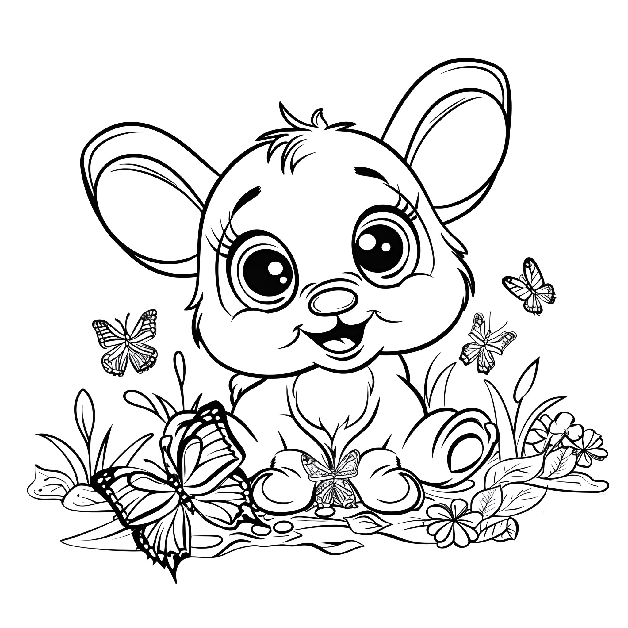 Animal with butterflies in nature scene Coloring Page (free black-and-white line drawing printable PDF for all, from beginners to advanced learners, including children, teens, adults, and seniors)