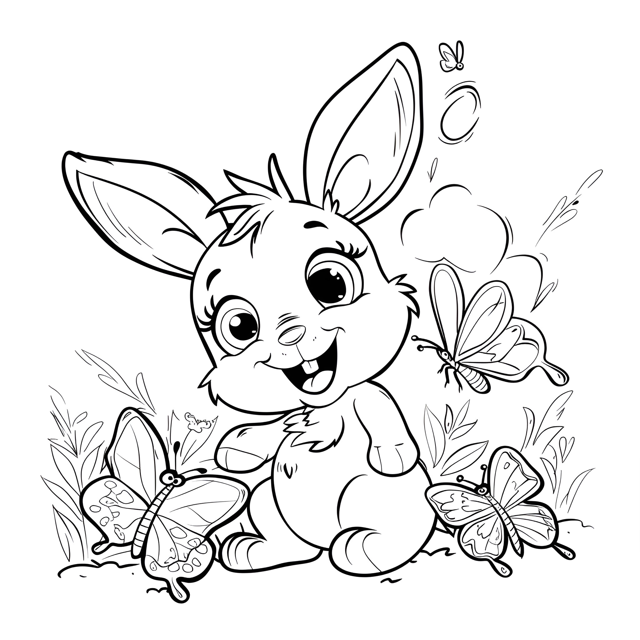 Animal Bunny with Butterflies Coloring Page (free black-and-white line drawing printable PDF for all, from beginners to advanced learners, including children, teens, adults, and seniors)