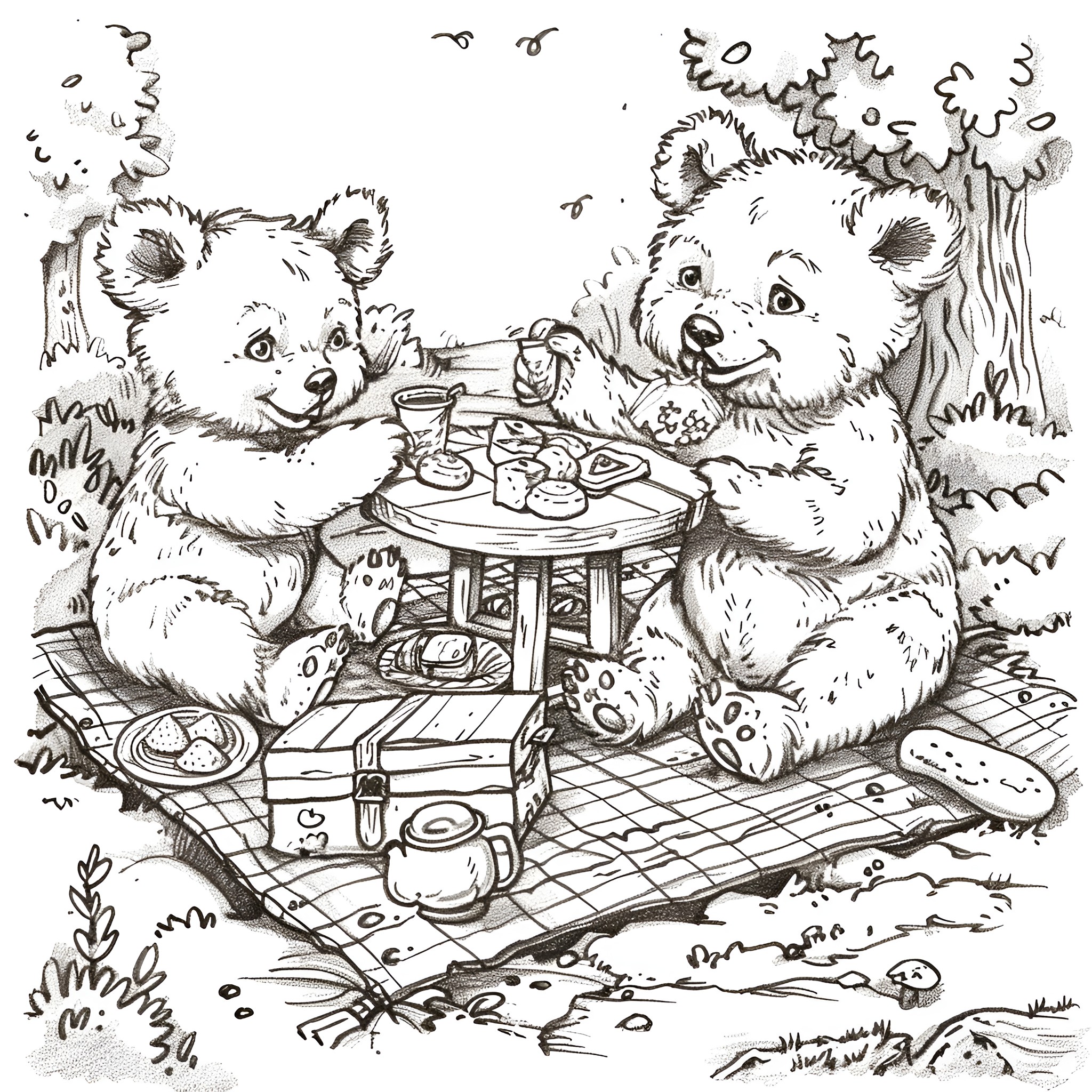 Animal friends having a picnic Coloring Page (free black-and-white line drawing printable PDF for all, from beginners to advanced learners, including children, teens, adults, and seniors)