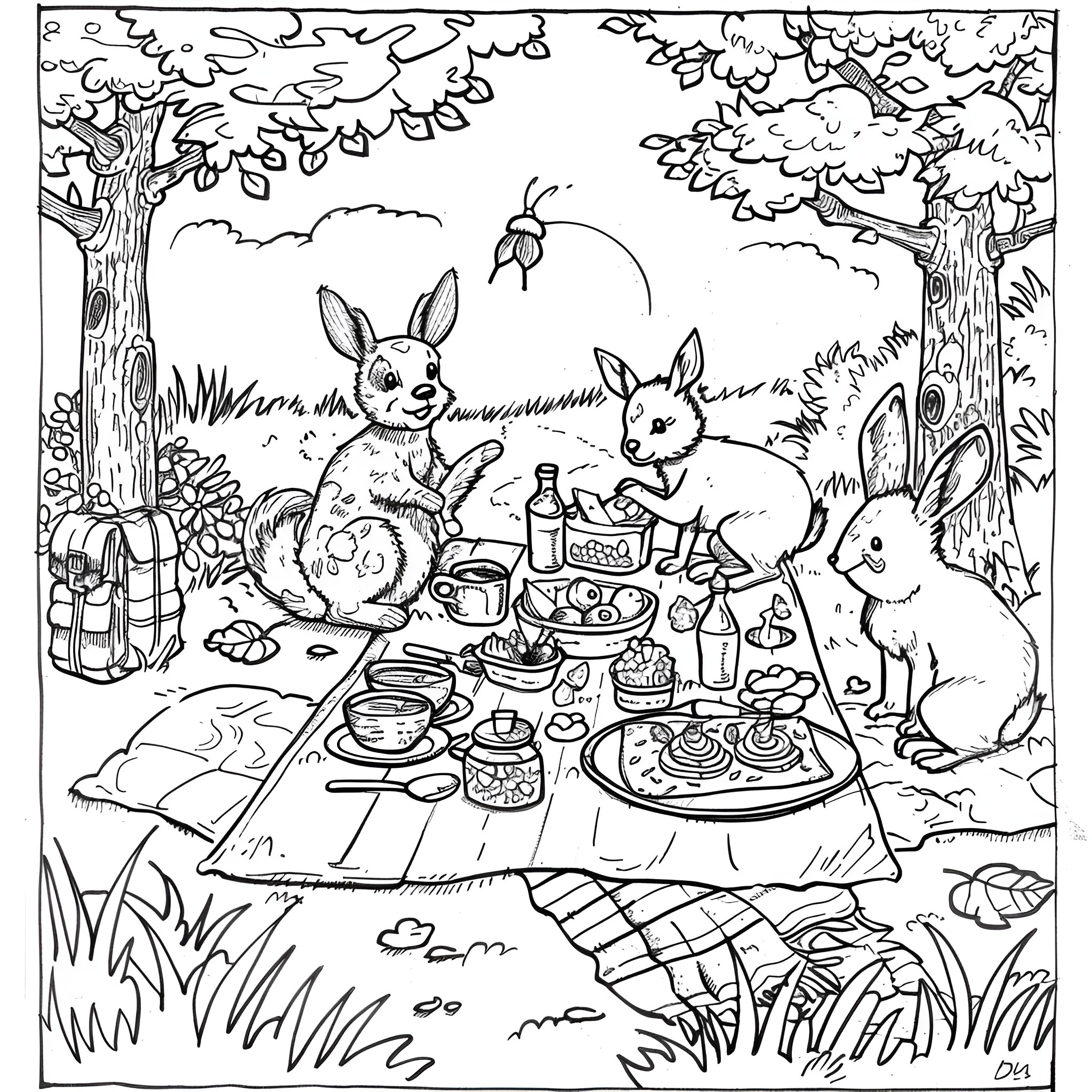 Animal Picnic in the Forest Coloring Page (free black-and-white line drawing printable PDF for all, from beginners to advanced learners, including children, teens, adults, and seniors)
