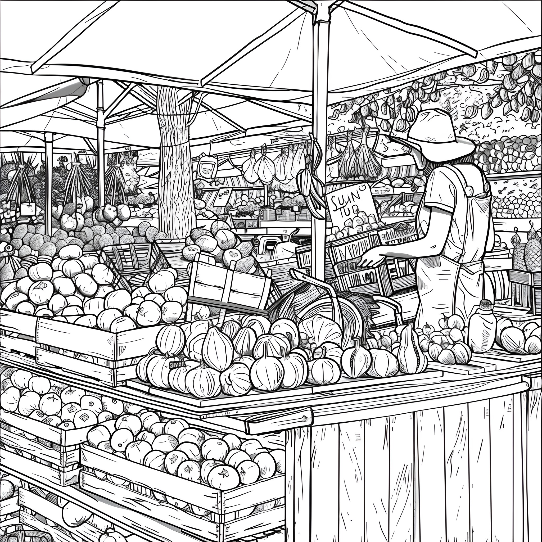 Summer farmers market with produce stalls Coloring Page (free black-and-white line drawing printable PDF for all, from beginners to advanced learners, including children, teens, adults, and seniors)
