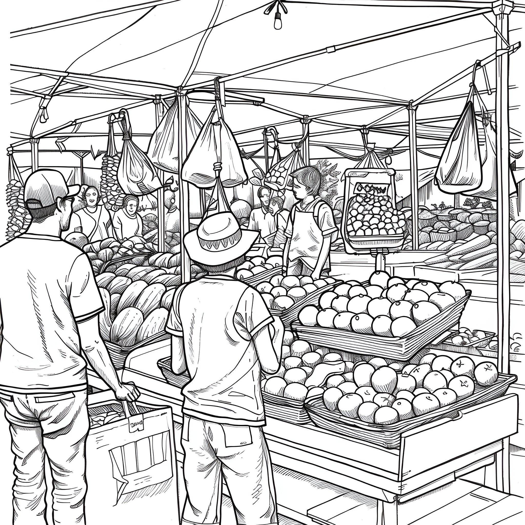 Summer marketplace with bustling crowds and produce Coloring Page (free black-and-white line drawing printable PDF for all, from beginners to advanced learners, including children, teens, adults, and seniors)