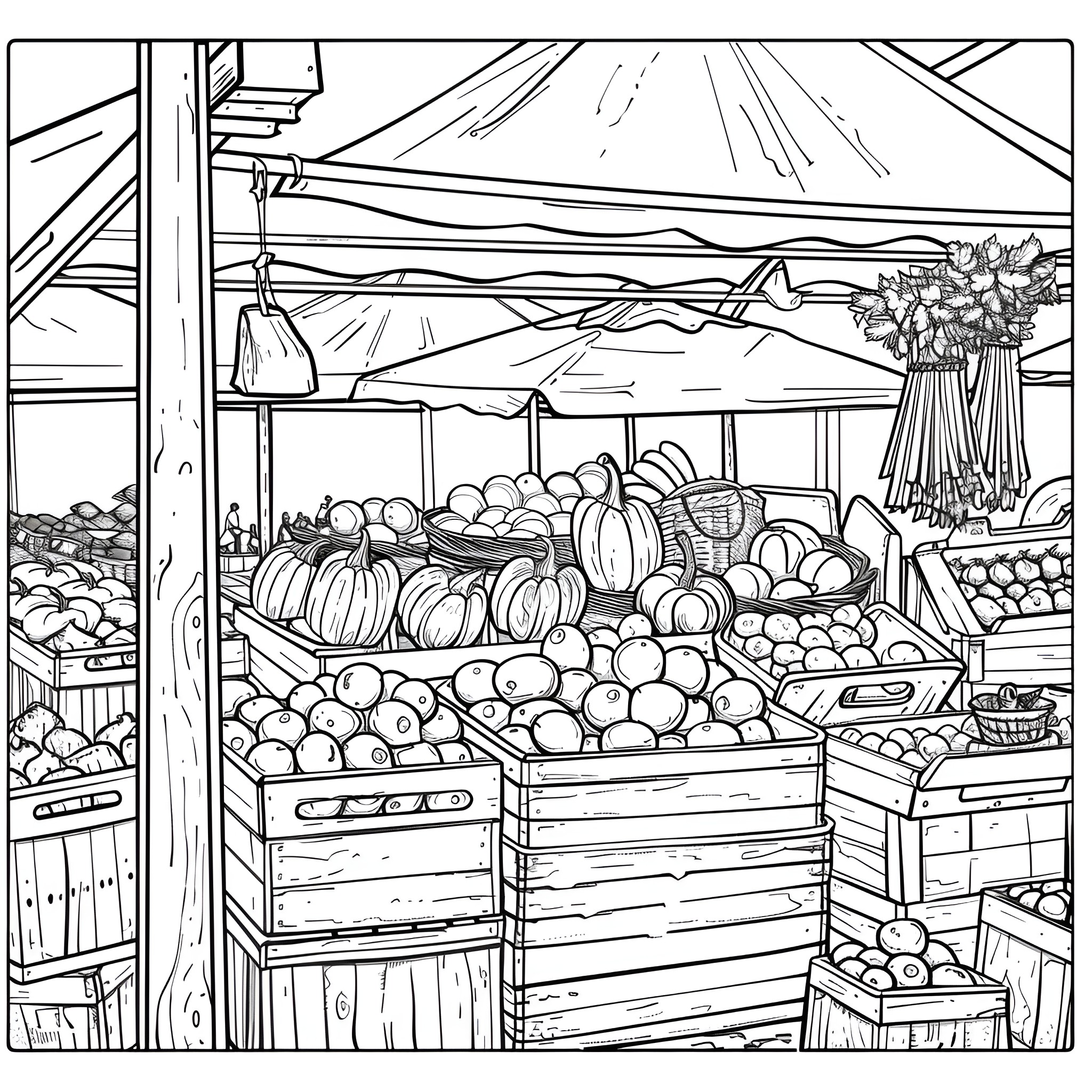 Summer Harvest at the Outdoor Market Coloring Page (free black-and-white line drawing printable PDF for all, from beginners to advanced learners, including children, teens, adults, and seniors)