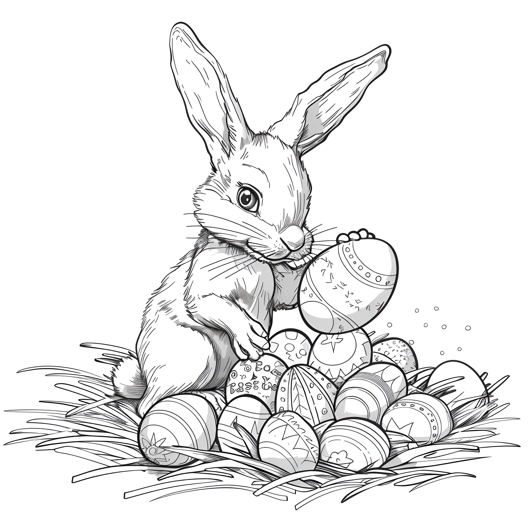 Easter bunny with decorated eggs Coloring Page (free black-and-white line drawing printable PDF for all, from beginners to advanced learners, including children, teens, adults, and seniors)