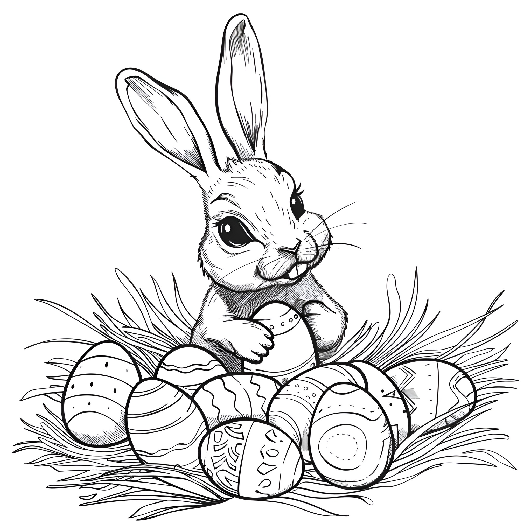 Easter Bunny with Decorated Eggs Coloring Page (free black-and-white line drawing printable PDF for all, from beginners to advanced learners, including children, teens, adults, and seniors)