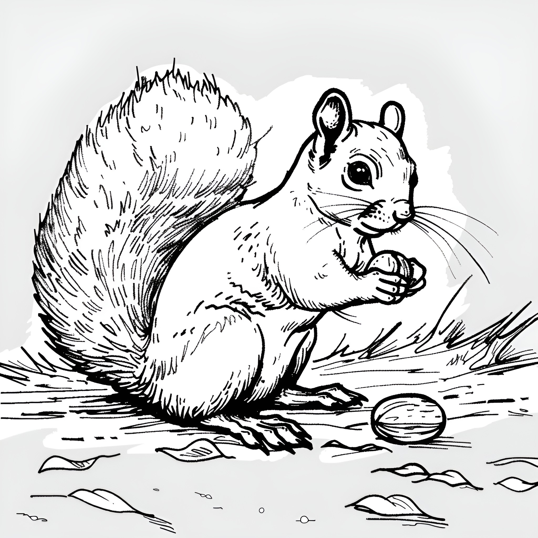 Fall Season Squirrel Gathering Acorn Coloring Page (free black-and-white line drawing printable PDF for all, from beginners to advanced learners, including children, teens, adults, and seniors)
