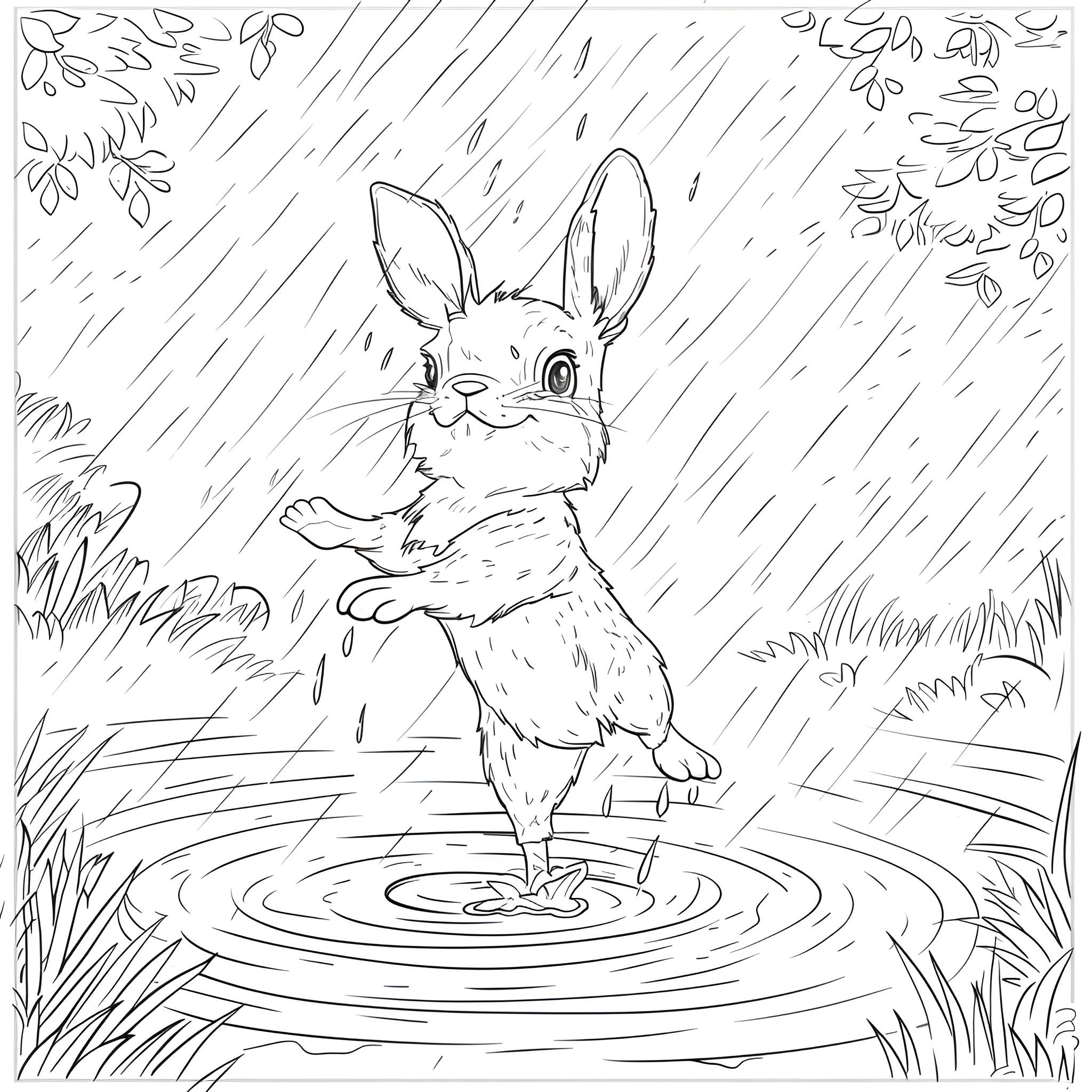 Animal hopping in the rain Coloring Page (free black-and-white line drawing printable PDF for all, from beginners to advanced learners, including children, teens, adults, and seniors)