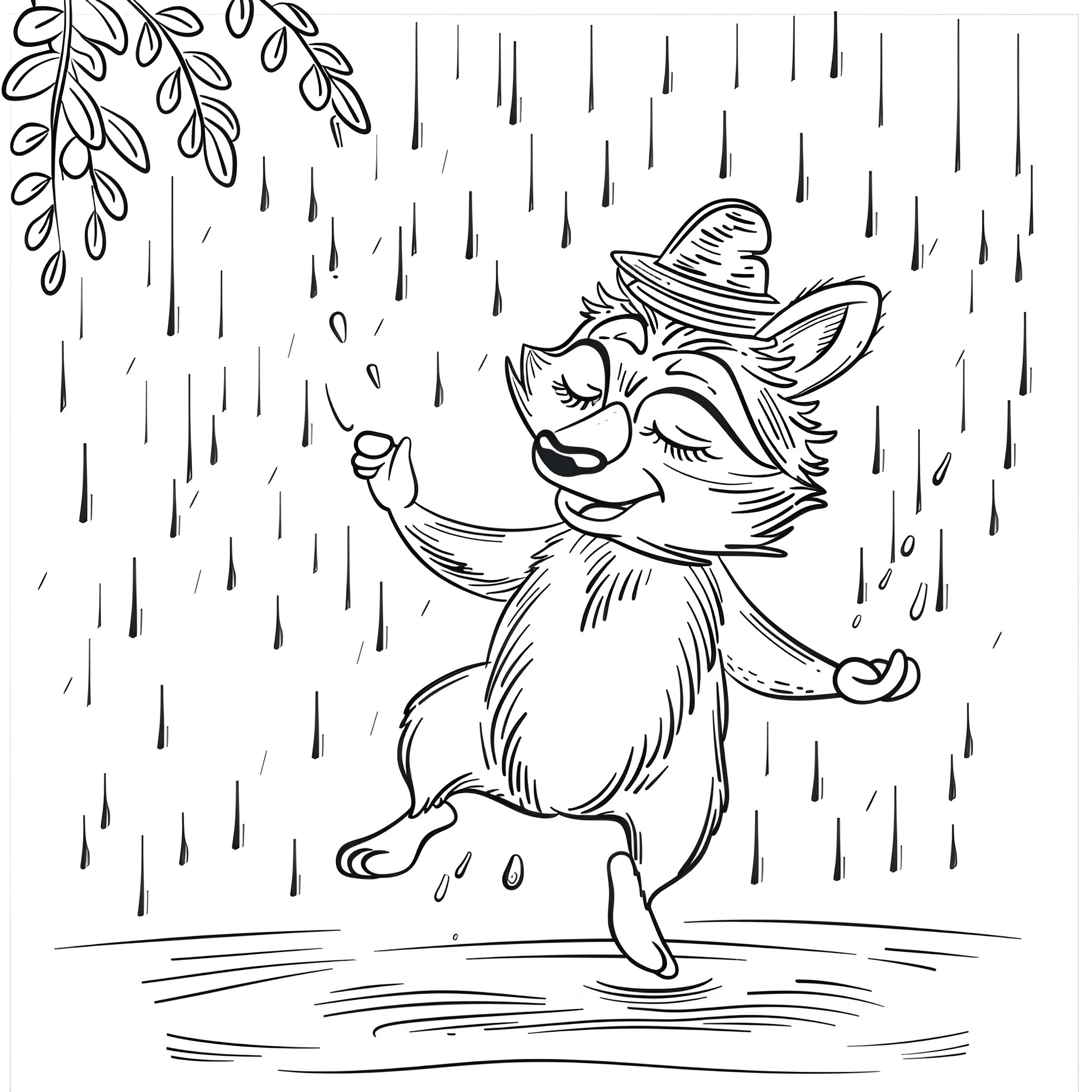 Animal playing joyfully in the rain Coloring Page (free black-and-white line drawing printable PDF for all, from beginners to advanced learners, including children, teens, adults, and seniors)