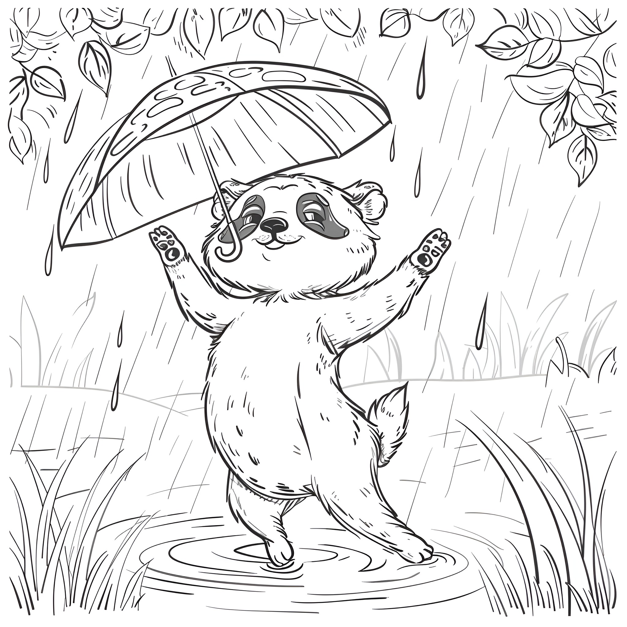 Animal playing with umbrella in rainy forest Coloring Page (free black-and-white line drawing printable PDF for all, from beginners to advanced learners, including children, teens, adults, and seniors)