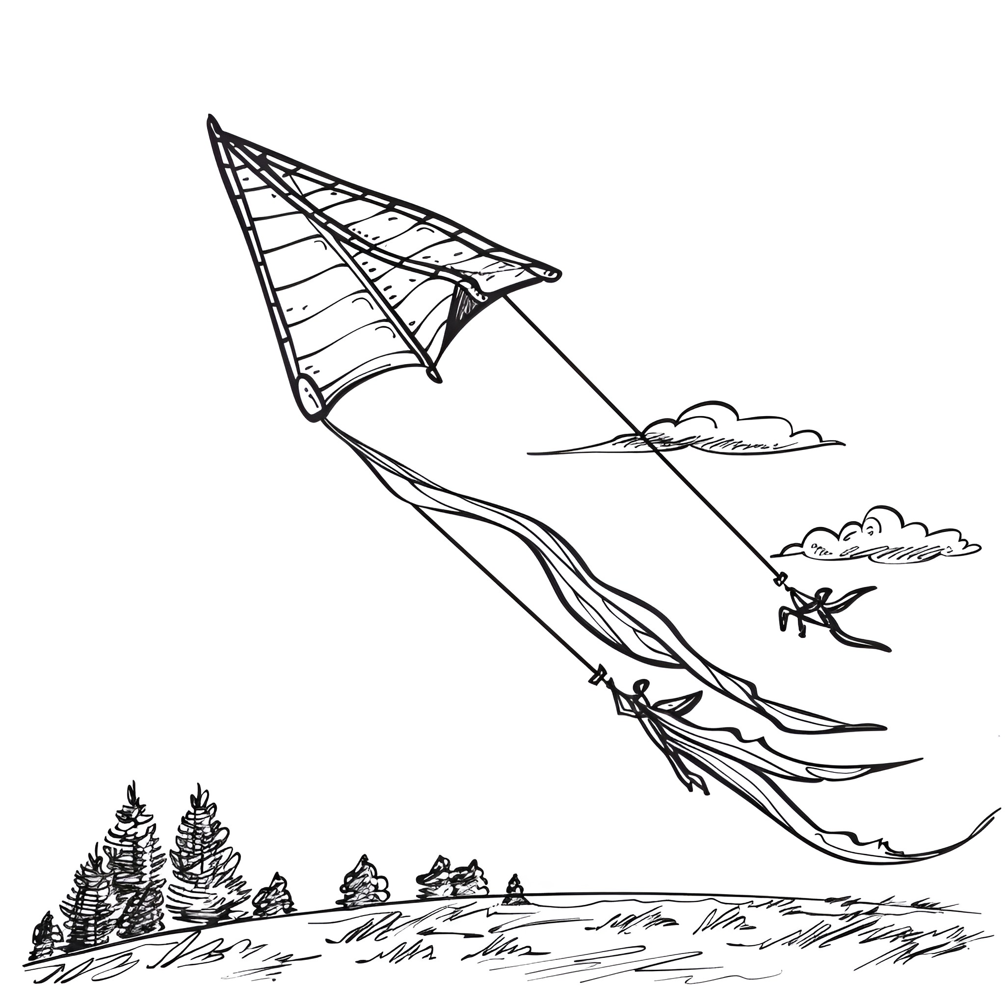 Summer kites soaring over the landscape Coloring Page (free black-and-white line drawing printable PDF for all, from beginners to advanced learners, including children, teens, adults, and seniors)