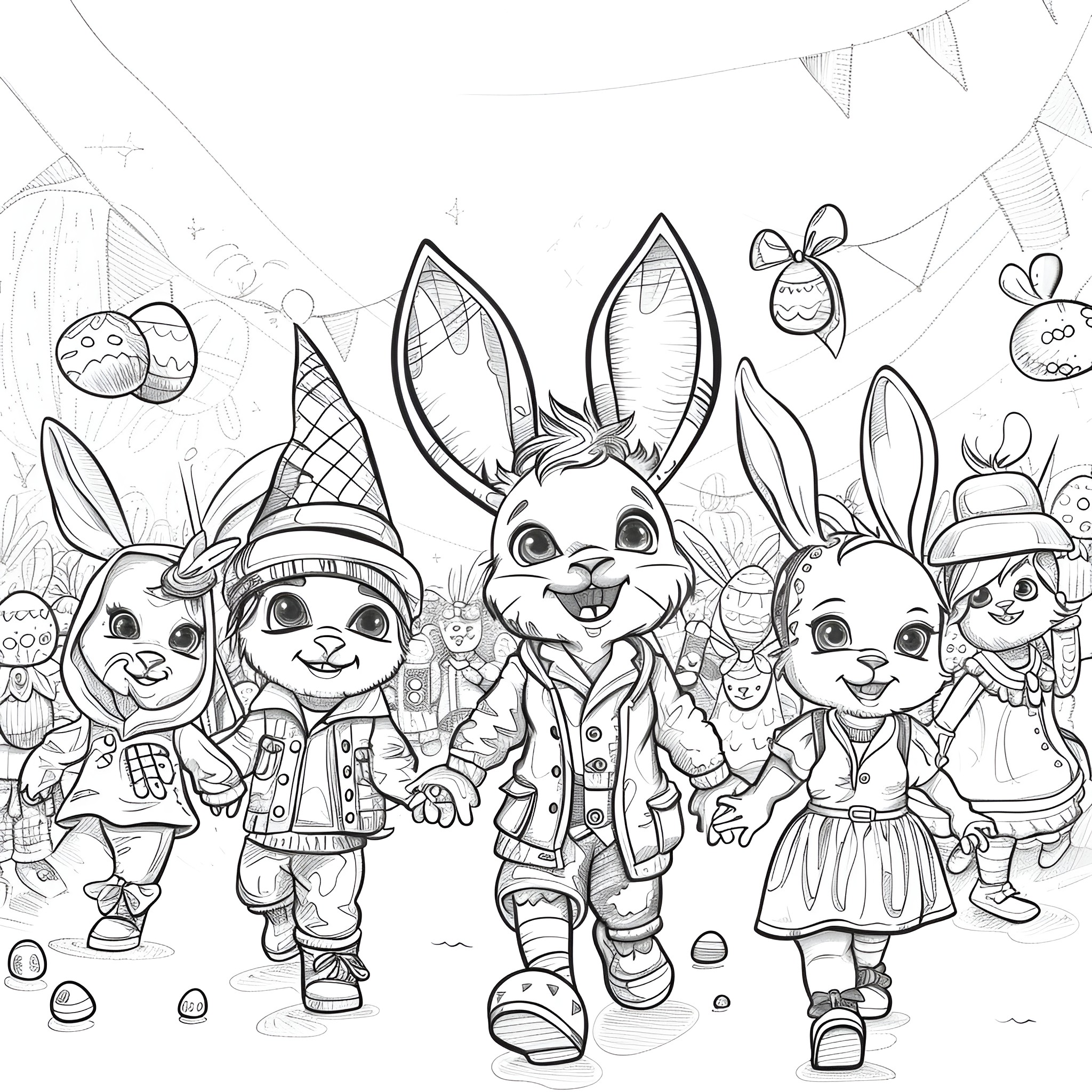Easter parade of cheerful bunny characters Coloring Page (free black-and-white line drawing printable PDF for all, from beginners to advanced learners, including children, teens, adults, and seniors)
