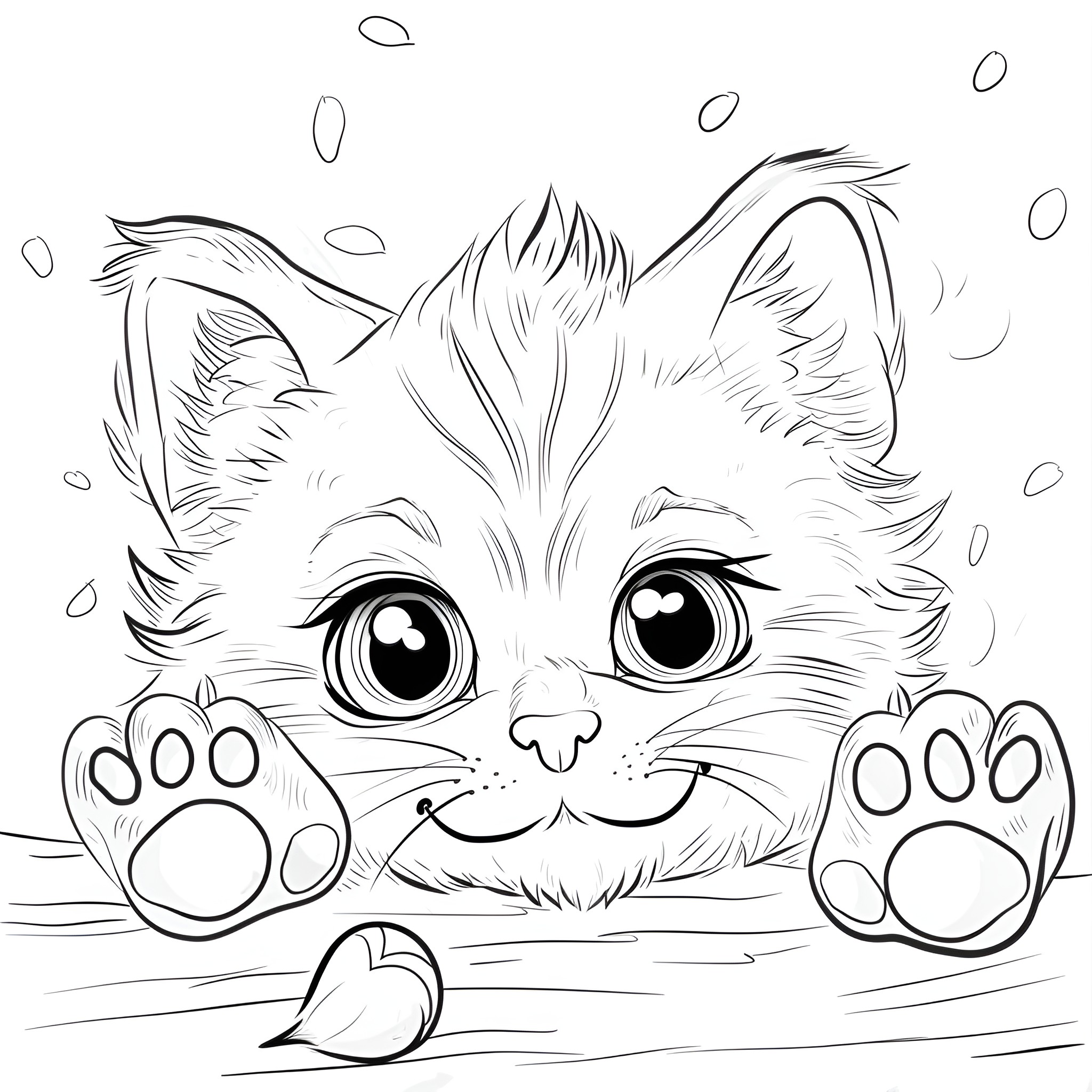 Animal Adorable Kitten with Big Eyes Coloring Page (free black-and-white line drawing printable PDF for all, from beginners to advanced learners, including children, teens, adults, and seniors)