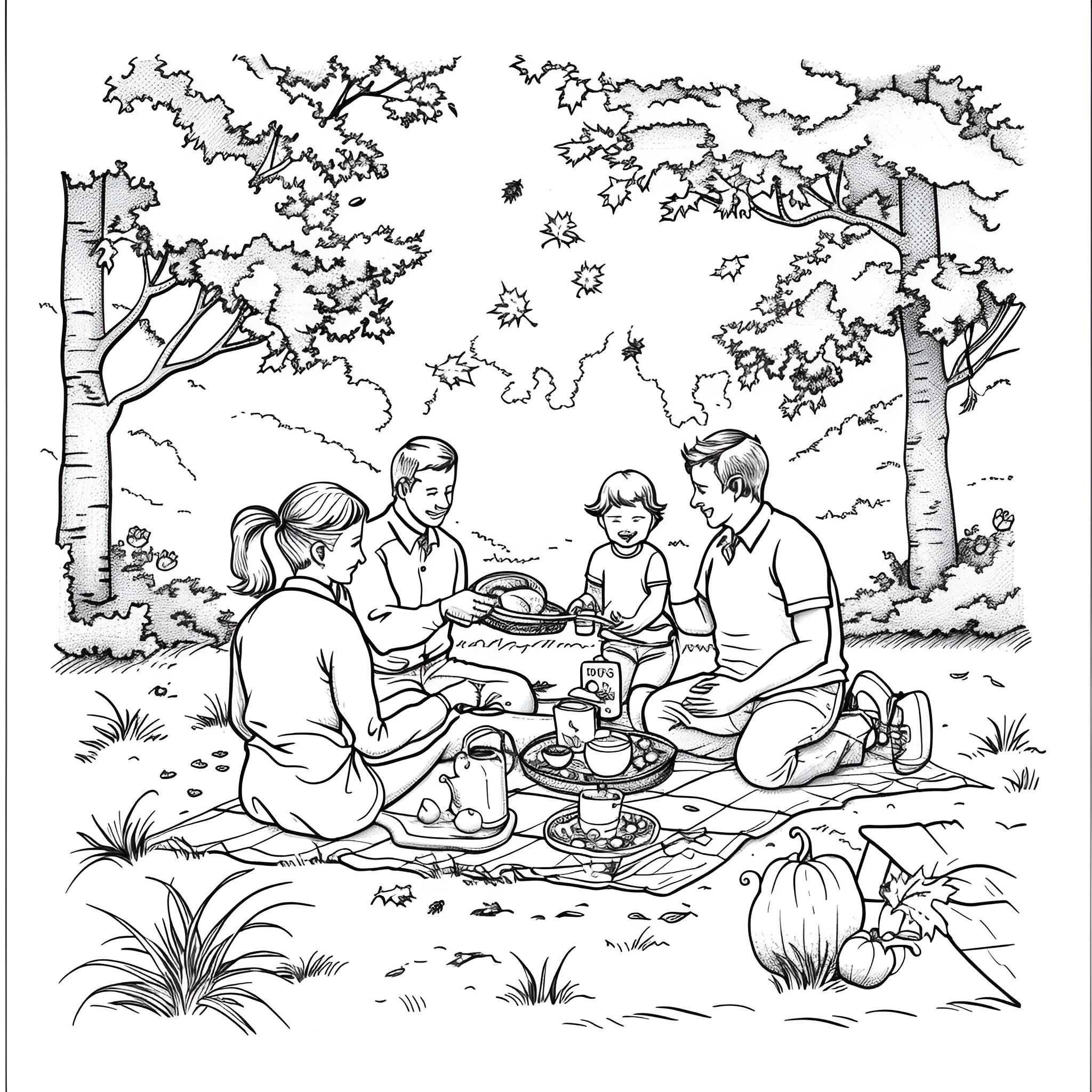 Fall Season Family Picnic in the Woods Coloring Page (free black-and-white line drawing printable PDF for all, from beginners to advanced learners, including children, teens, adults, and seniors)