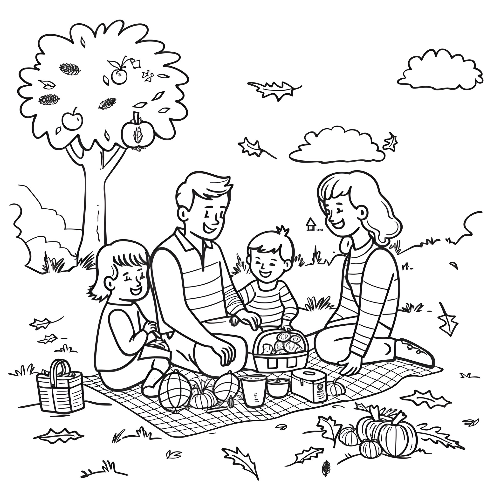 Fall Season Family Picnic Outdoors Coloring Page (free black-and-white line drawing printable PDF for all, from beginners to advanced learners, including children, teens, adults, and seniors)