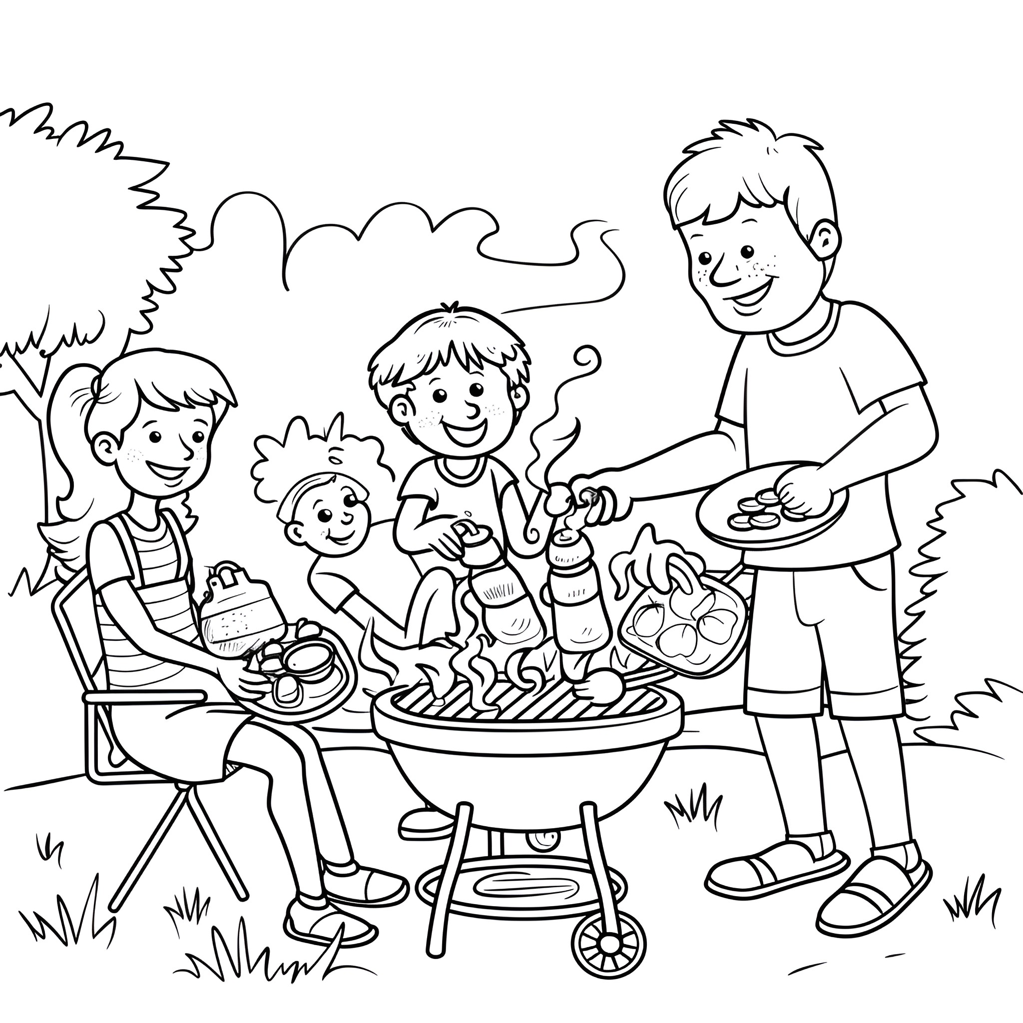 Summer family barbecue scene Coloring Page (free black-and-white line drawing printable PDF for all, from beginners to advanced learners, including children, teens, adults, and seniors)