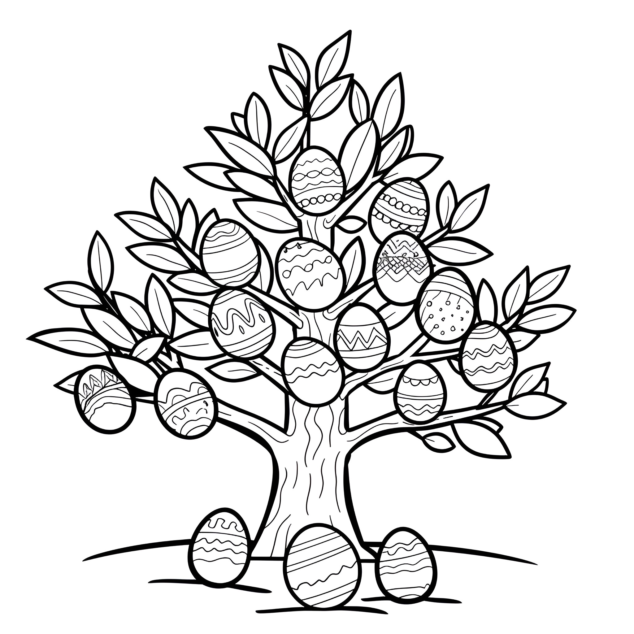 Easter tree with decorated eggs Coloring Page (free black-and-white line drawing printable PDF for all, from beginners to advanced learners, including children, teens, adults, and seniors)