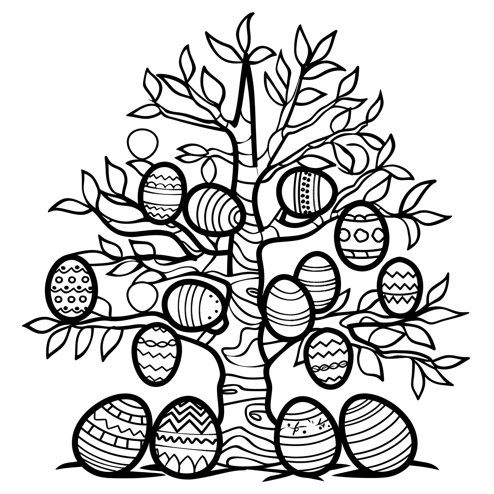 Easter eggs and decorative tree Coloring Page (free black-and-white line drawing printable PDF for all, from beginners to advanced learners, including children, teens, adults, and seniors)