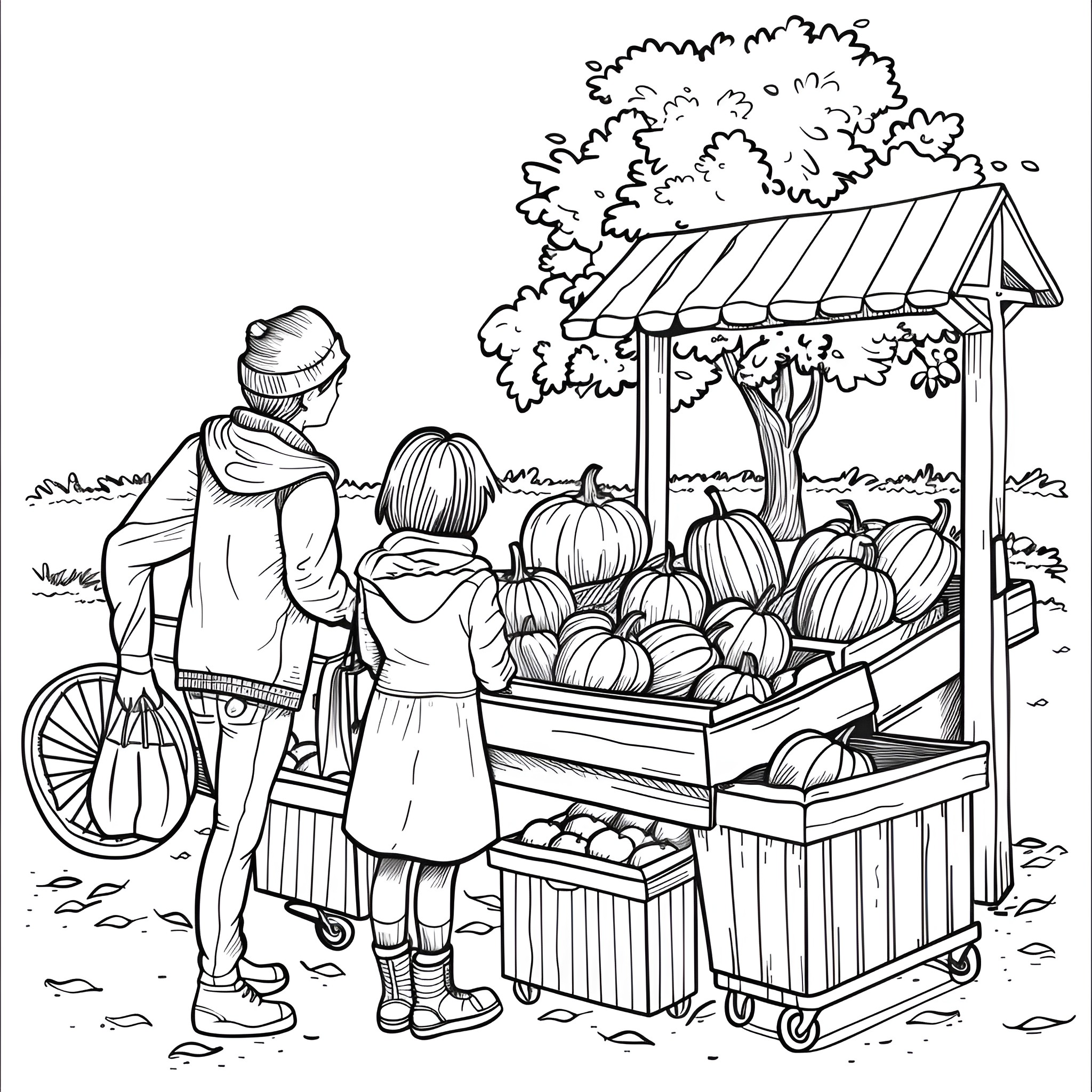 Fall Season at the Pumpkin Patch Market Coloring Page (free black-and-white line drawing printable PDF for all, from beginners to advanced learners, including children, teens, adults, and seniors)