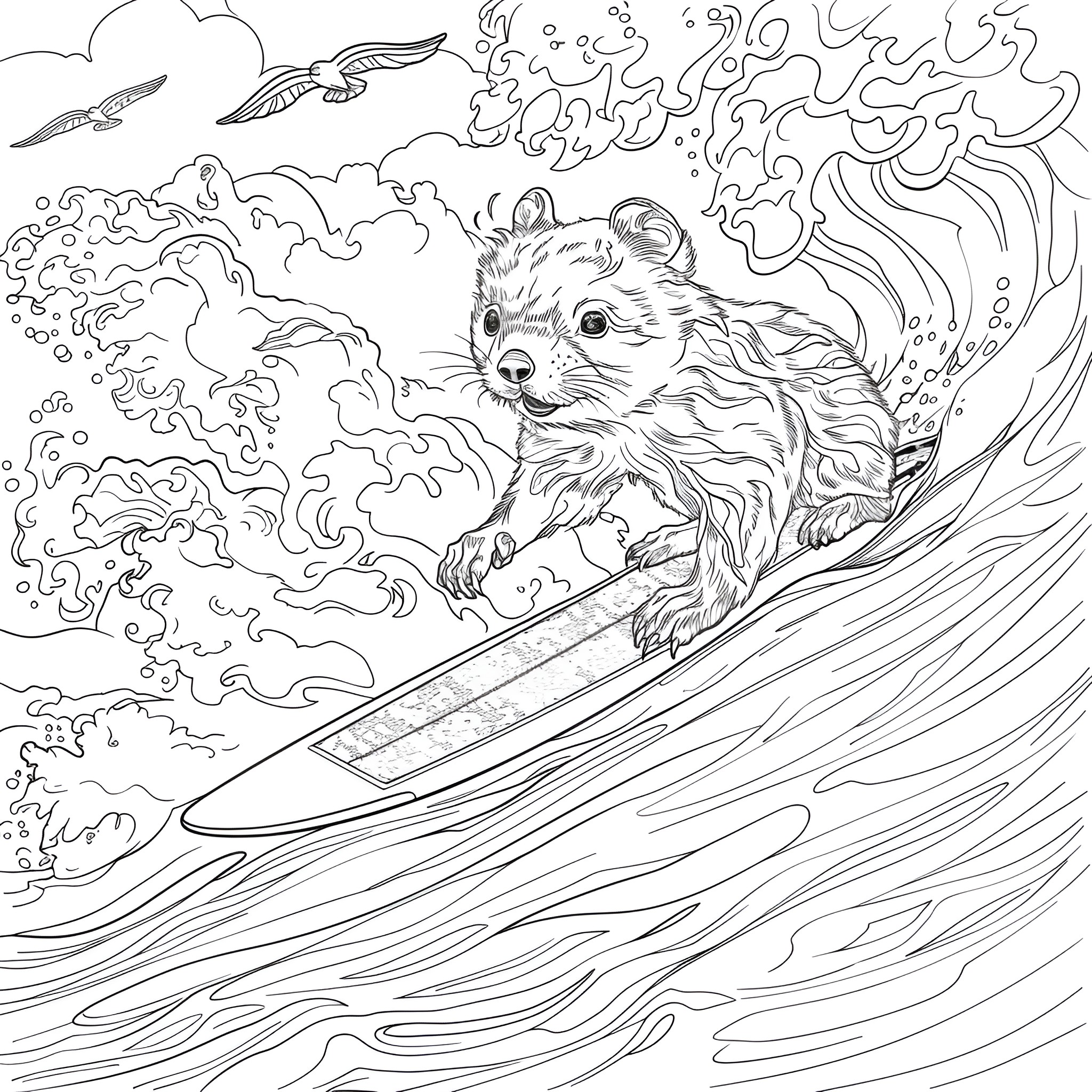 Animal surfing on ocean waves with birds Coloring Page (free black-and-white line drawing printable PDF for all, from beginners to advanced learners, including children, teens, adults, and seniors)