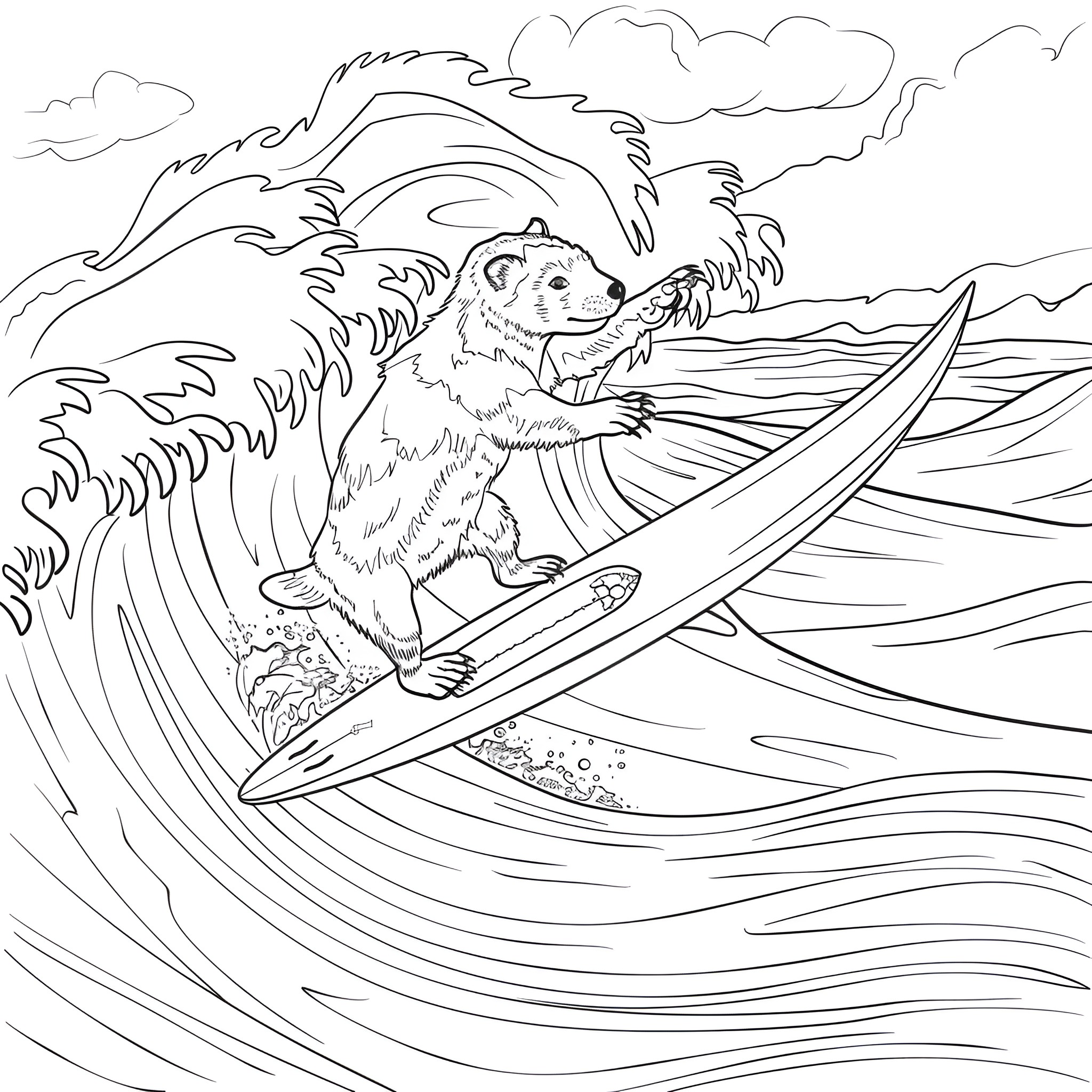 Animal surfing big wave Coloring Page (free black-and-white line drawing printable PDF for all, from beginners to advanced learners, including children, teens, adults, and seniors)