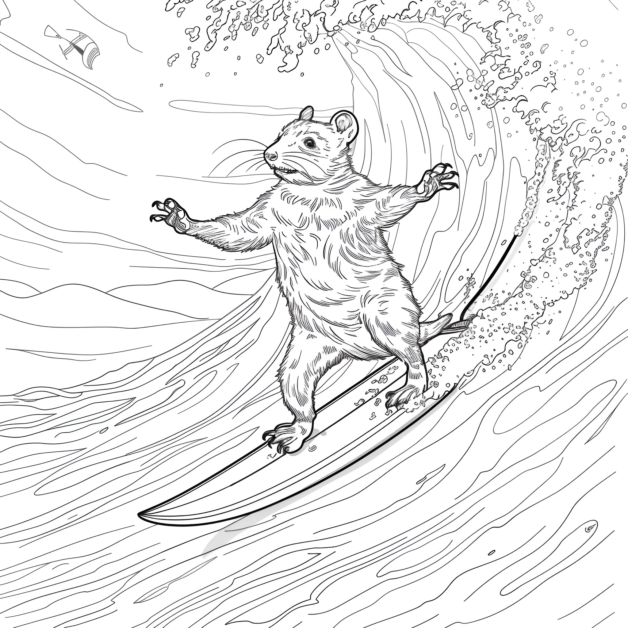 Animal surfing on a wave Coloring Page (free black-and-white line drawing printable PDF for all, from beginners to advanced learners, including children, teens, adults, and seniors)