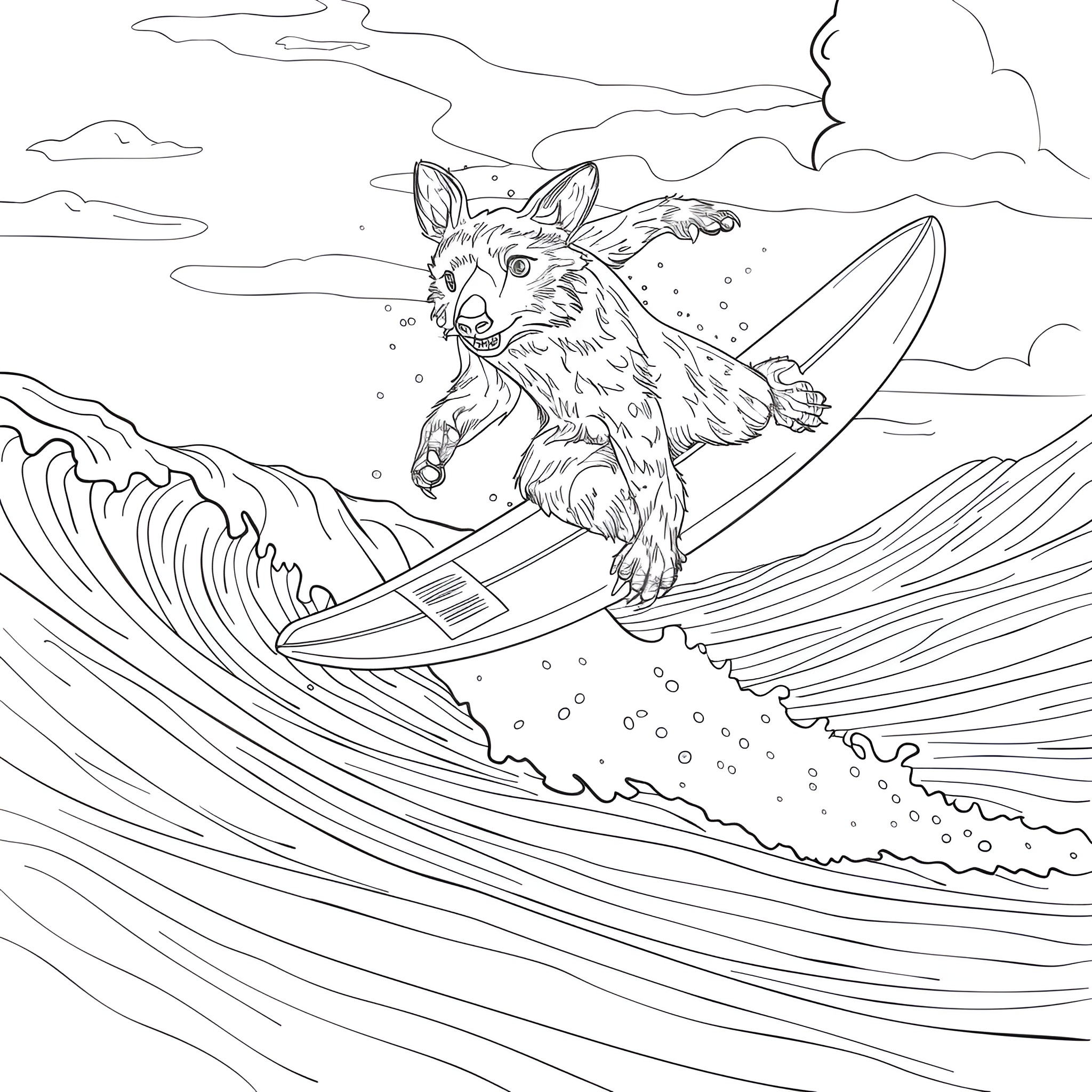 Animal Surfing the Big Wave Coloring Page (free black-and-white line drawing printable PDF for all, from beginners to advanced learners, including children, teens, adults, and seniors)